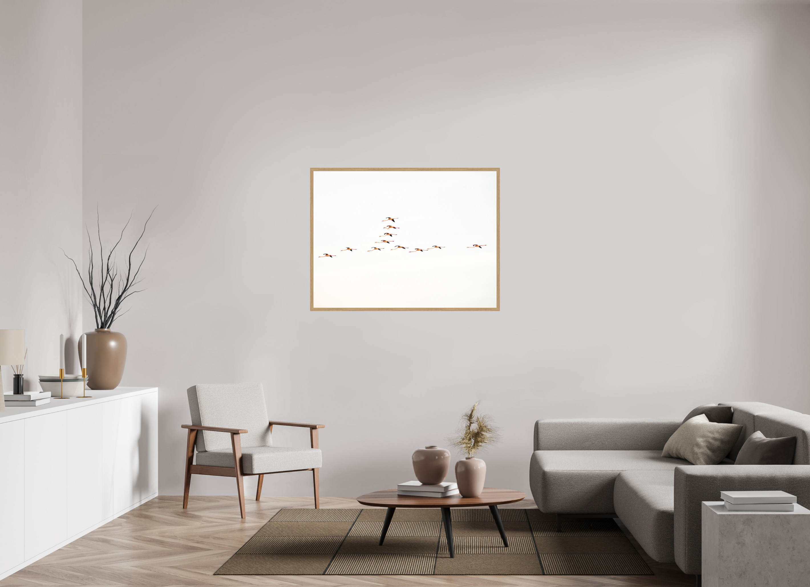 120 x 90 cm, Impression Fine Art encadrée en chêne naturel - mat Flamands roses