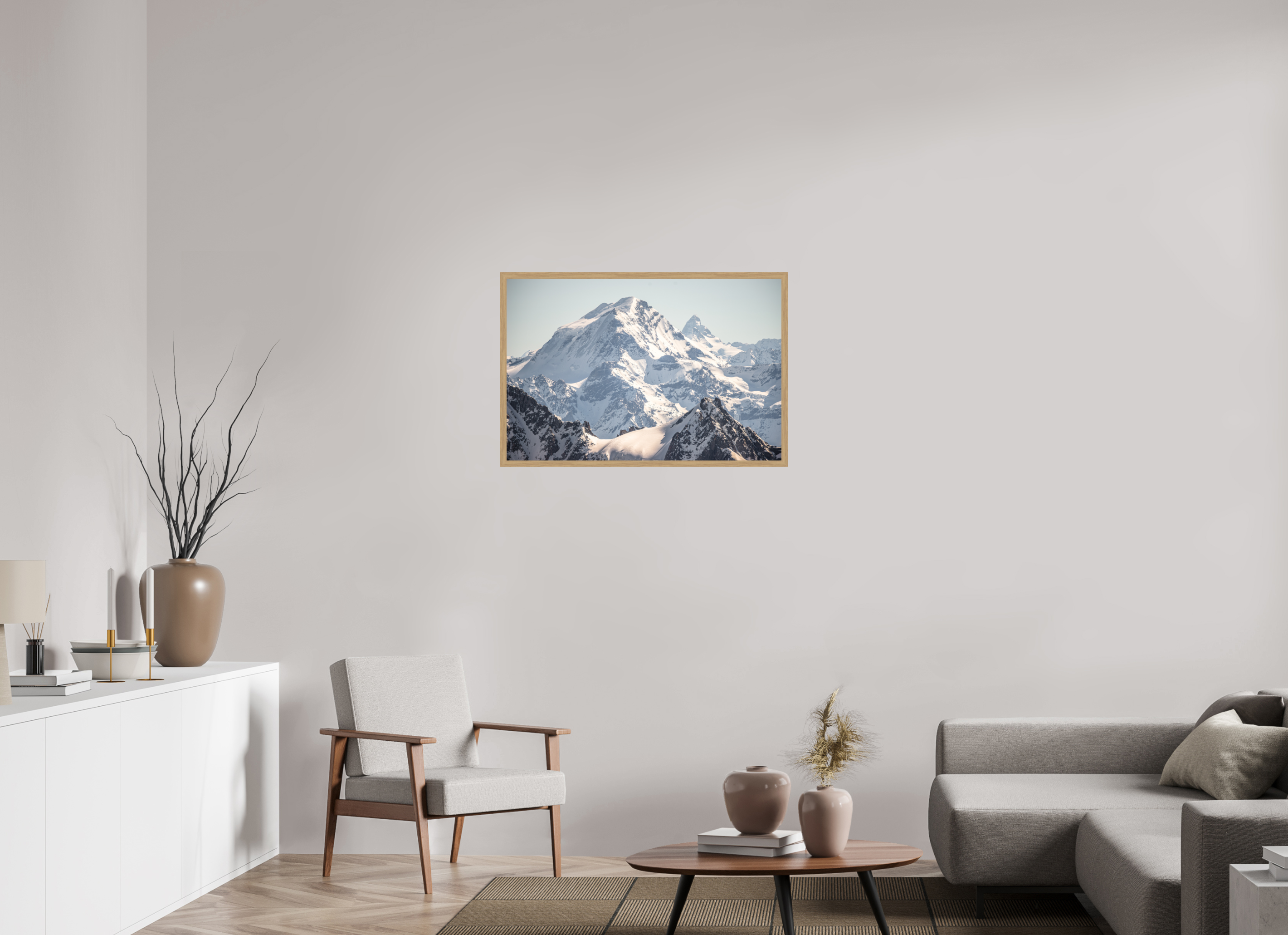 90 x 60 cm, Impression Fine Art encadrée en chêne naturel - mat Grand Combin et Cervin