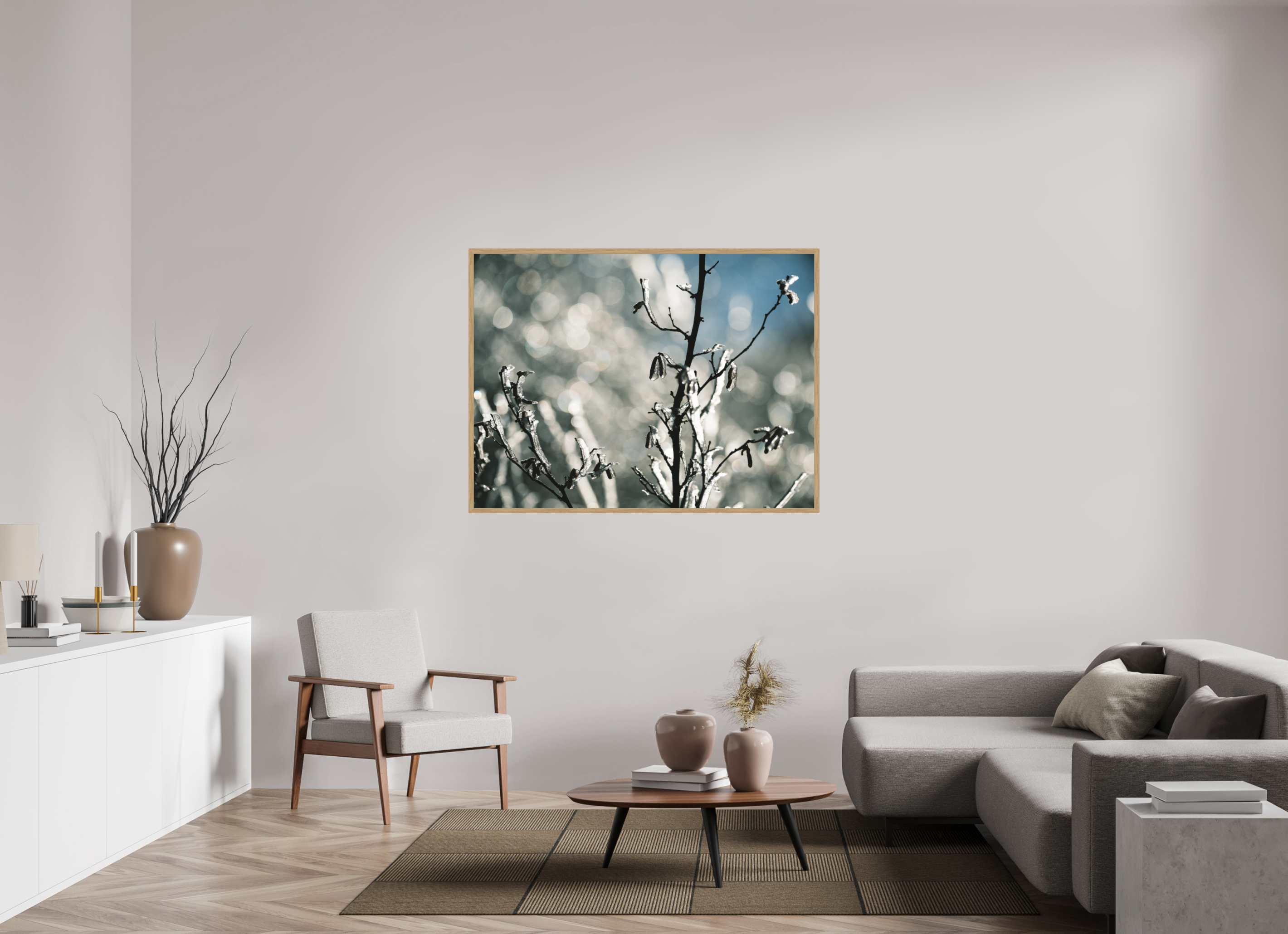 140 x 105 cm, Impression Fine Art encadrée en chêne naturel - mat Figé dans le froid