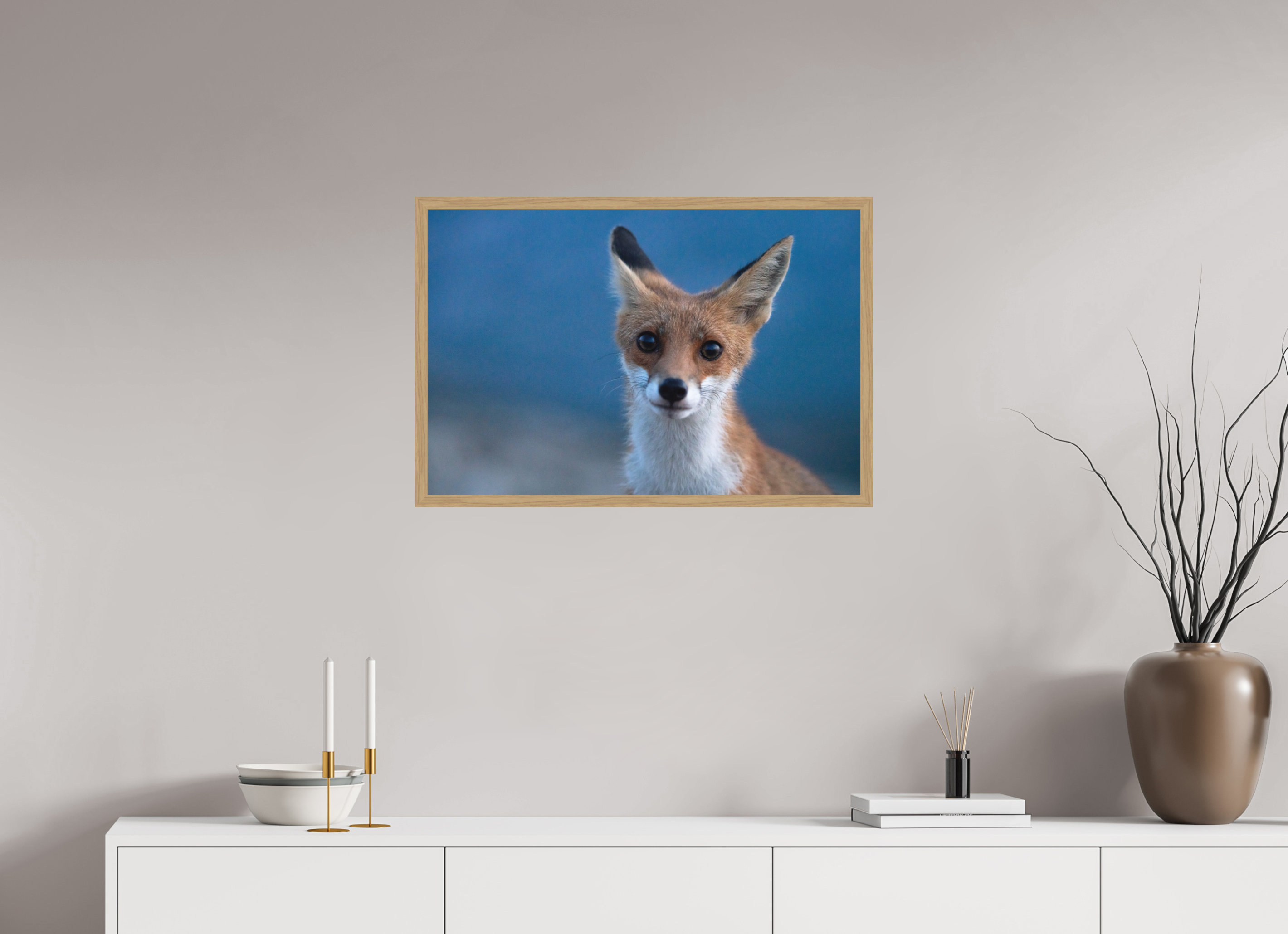 75 x 50 cm, Impression Fine Art encadrée en chêne naturel - mat Bruno le renardeau