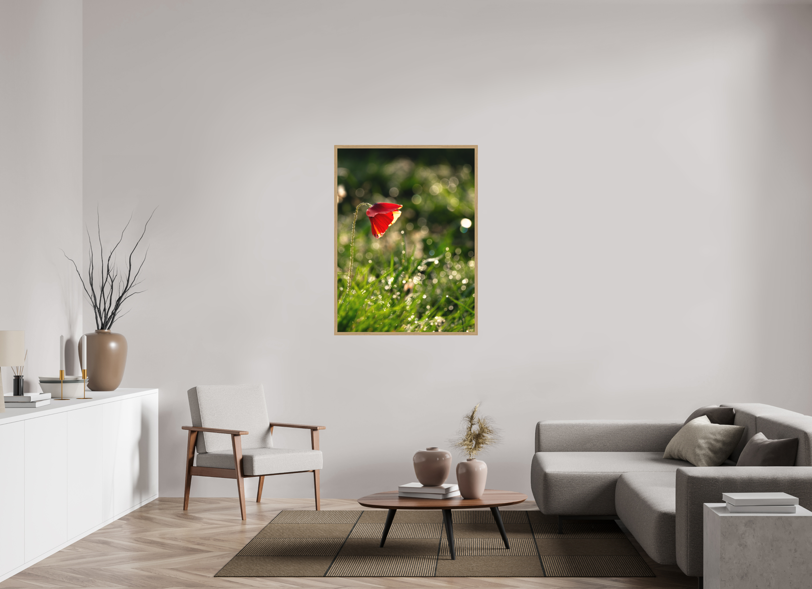 90 x 120 cm, Impression Fine Art encadrée en chêne naturel - mat coquelicot