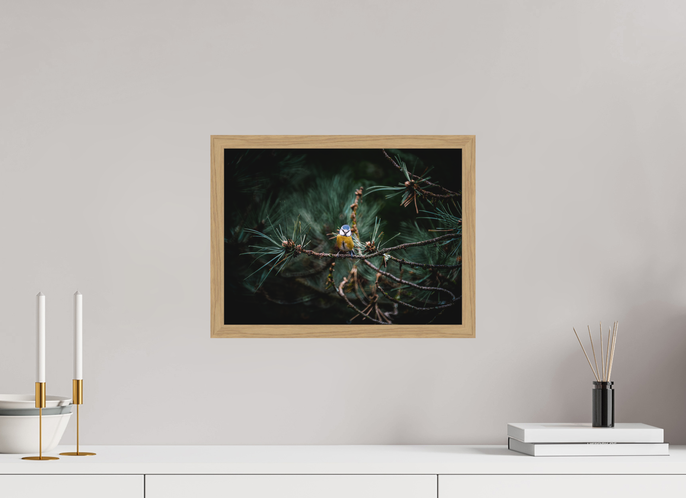 40 x 30 cm, Impression Fine Art encadrée en chêne naturel - mat Mésange II