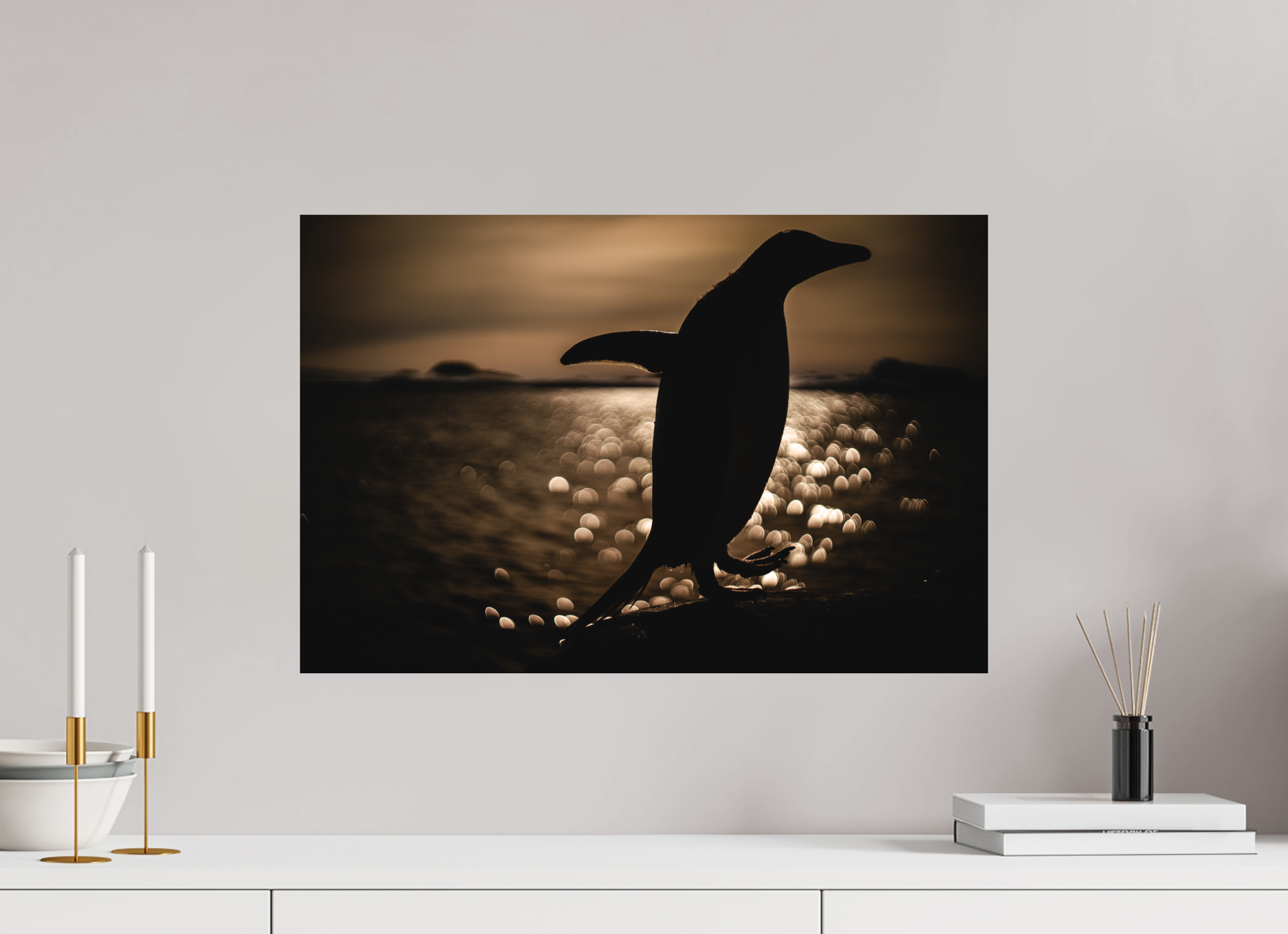 60 x 40 cm, Impression Fine Art sur support rigide - mat Manchot Adélie et coucher de soleil