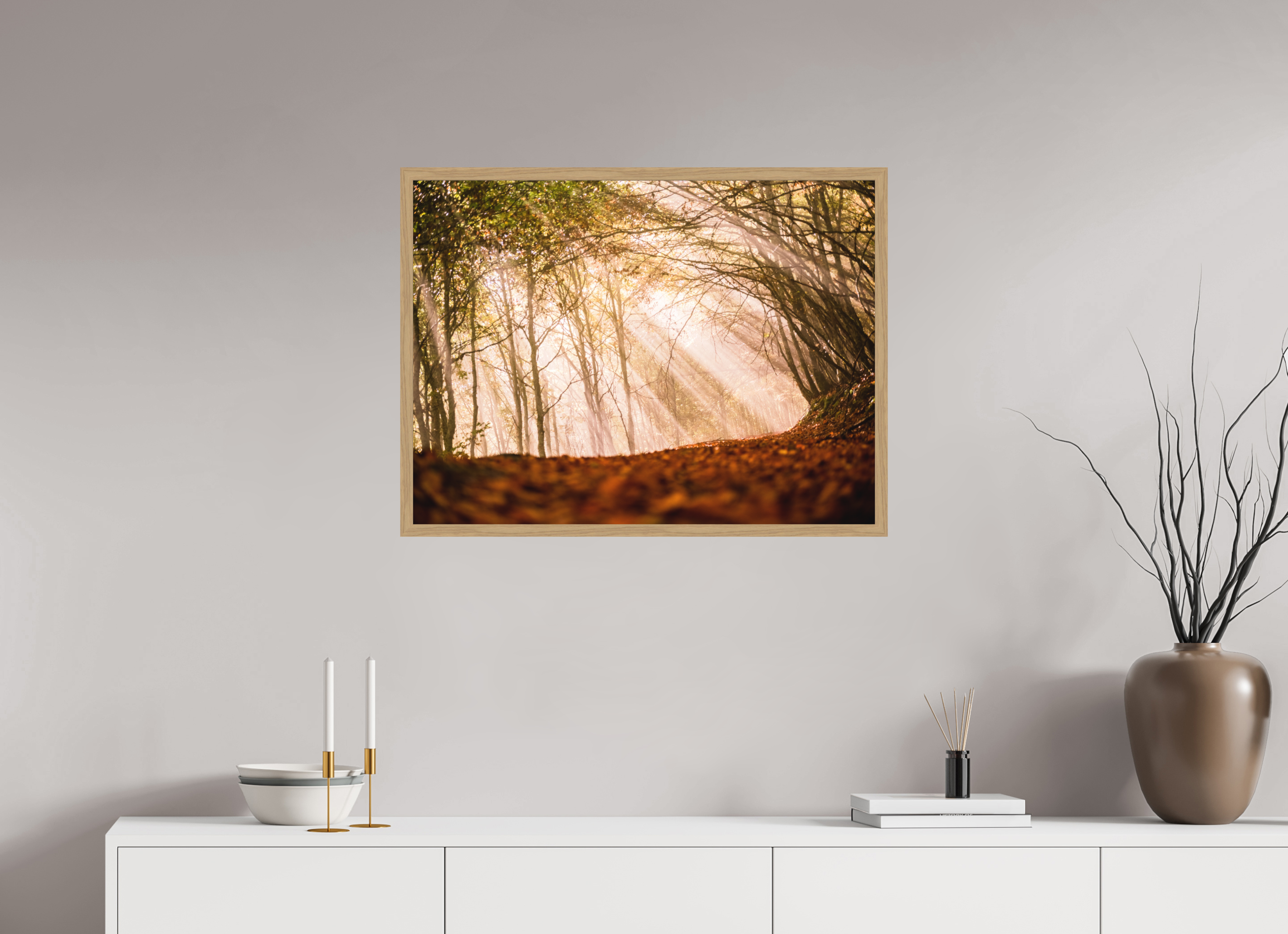 80 x 60 cm, Impression Fine Art encadrée en chêne naturel - mat Un rayon de soleil