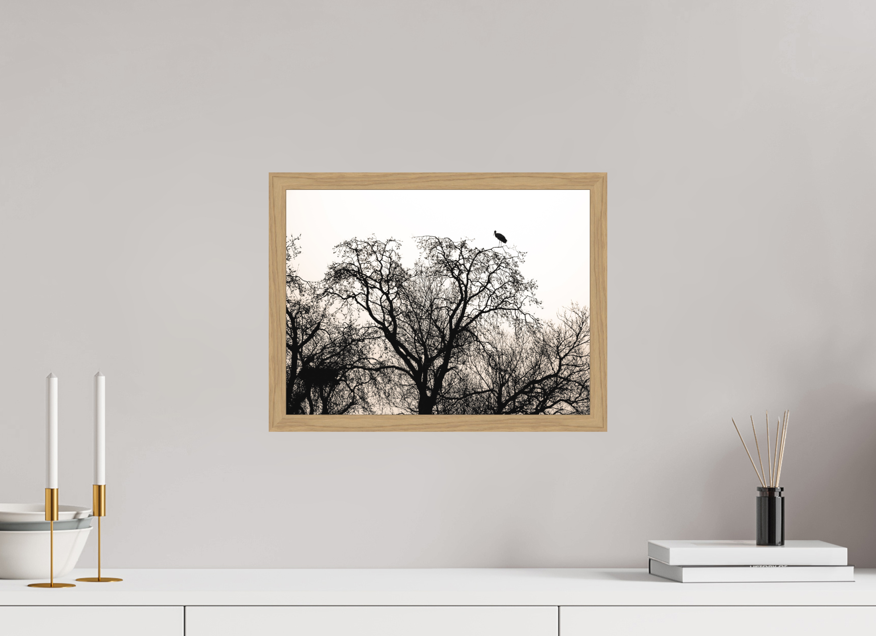 40 x 30 cm, Impression Fine Art encadrée en chêne naturel - mat grues VI