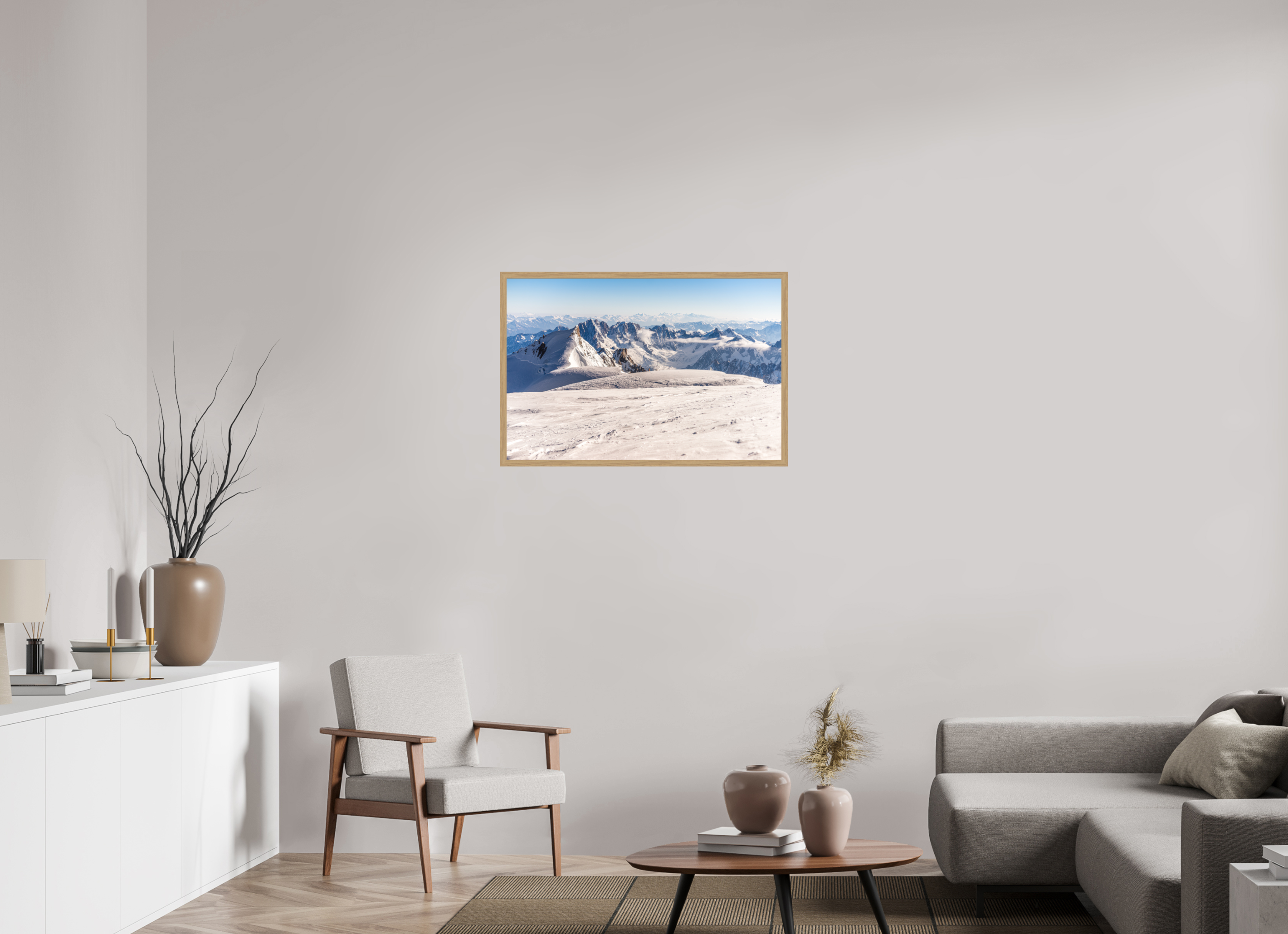 90 x 60 cm, Impression Fine Art encadrée en chêne naturel - mat La vue depuis le sommet du Mont Blanc