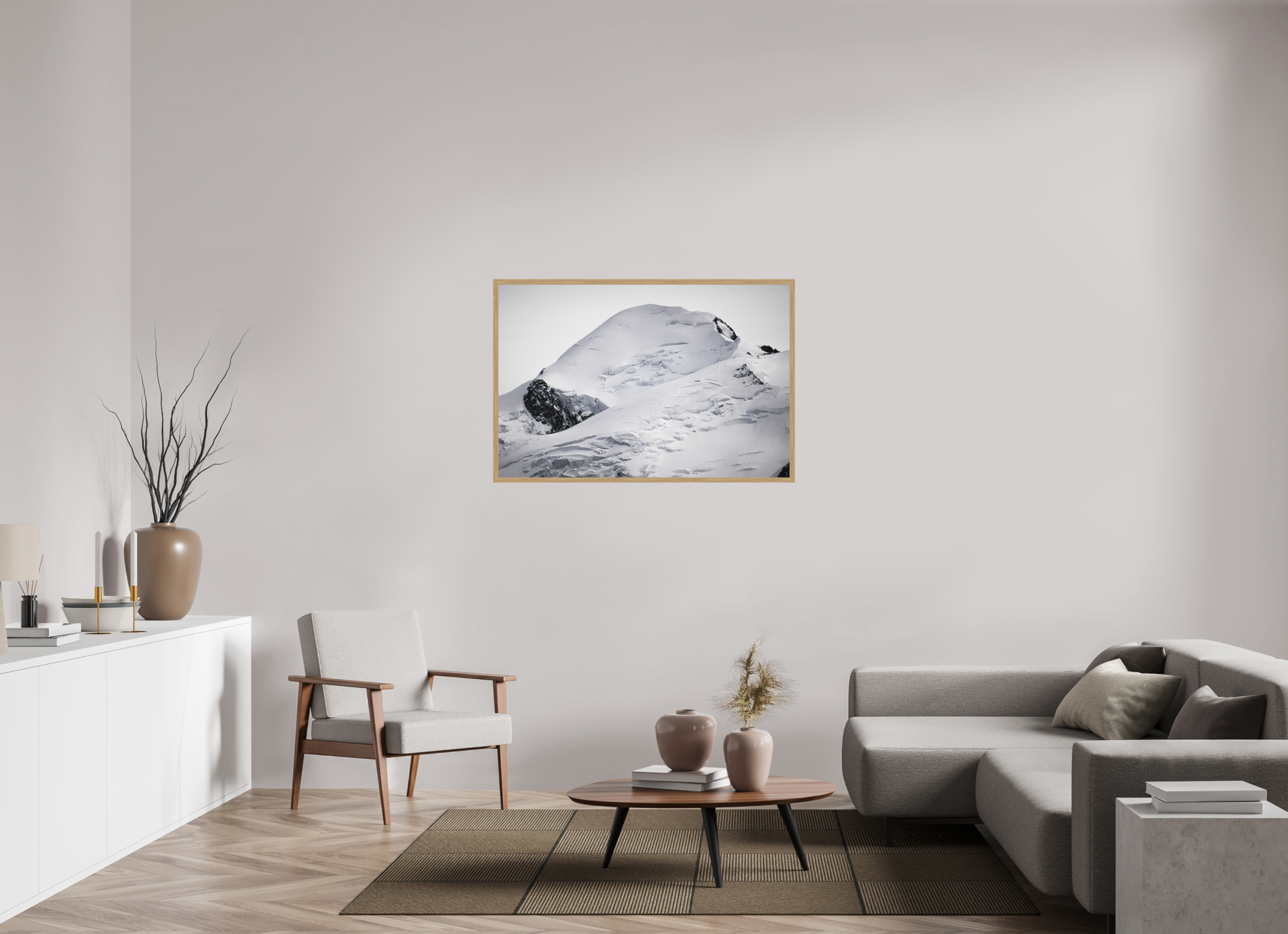 120 x 80 cm, Impression Fine Art encadrée en chêne naturel - mat Le Mont Blanc