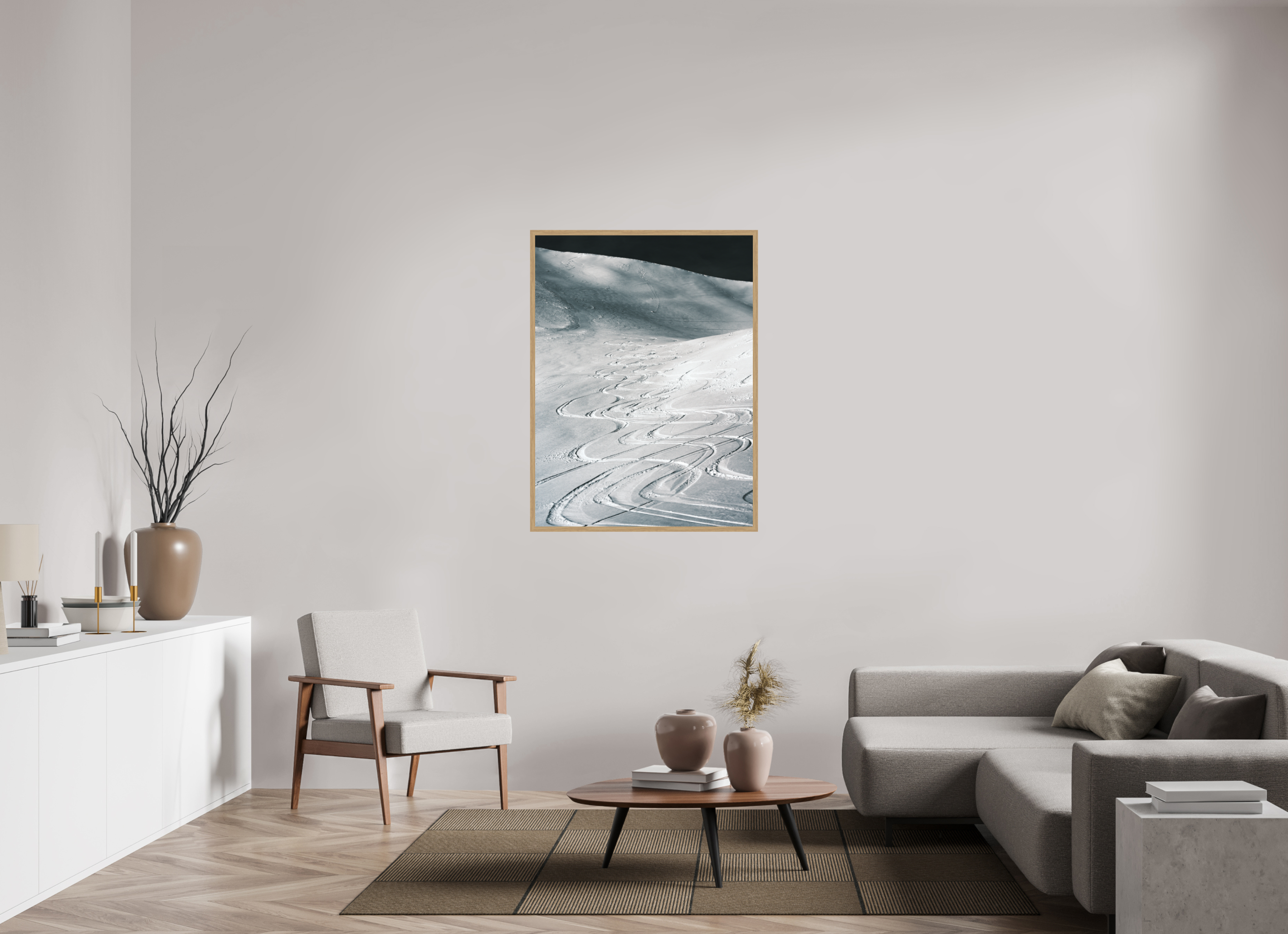 90 x 120 cm, Impression Fine Art encadrée en chêne naturel - mat Les traces du bonheur