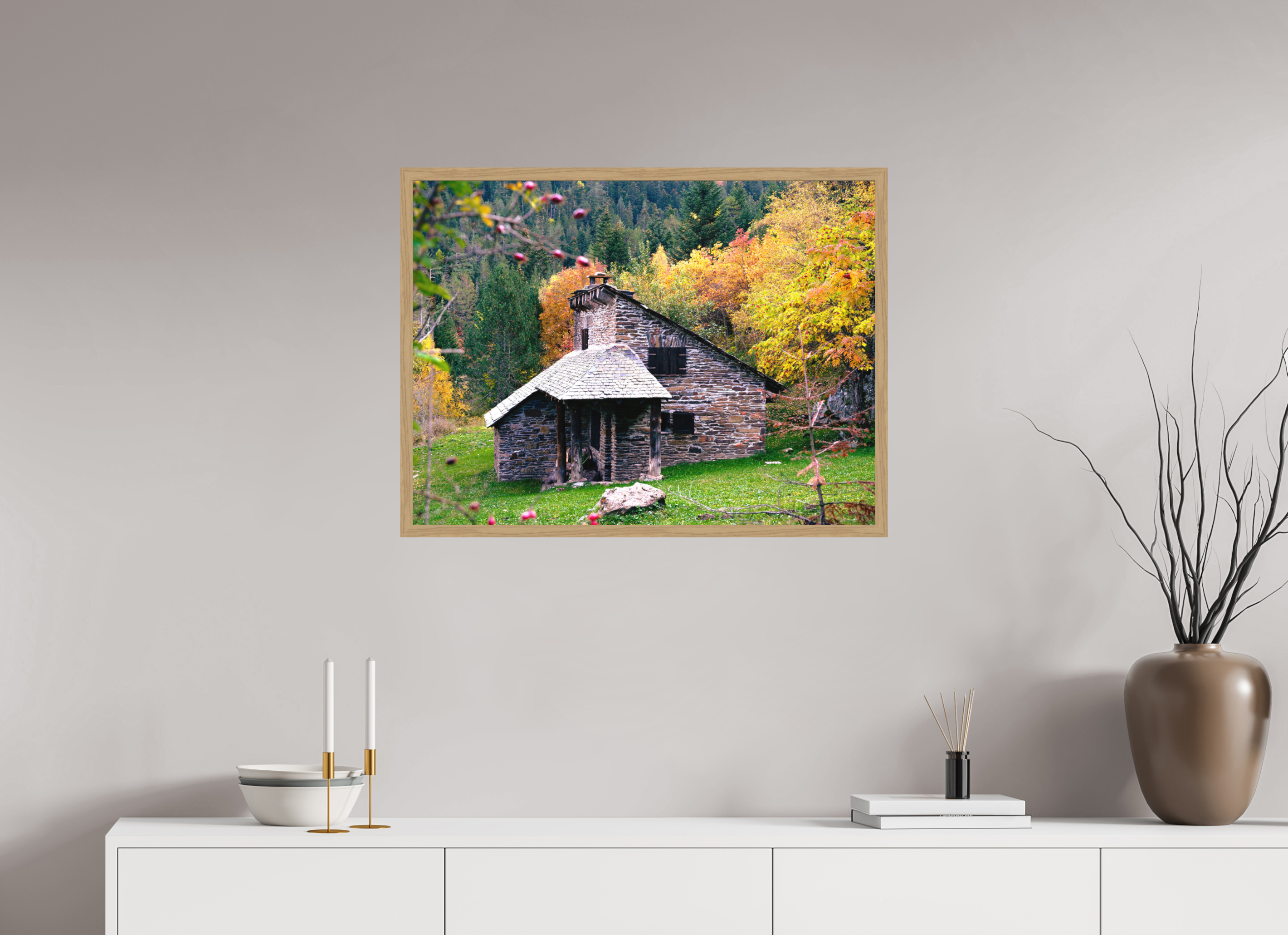 80 x 60 cm, Impression Fine Art encadrée en chêne naturel - mat Une petite maison dans la prairie