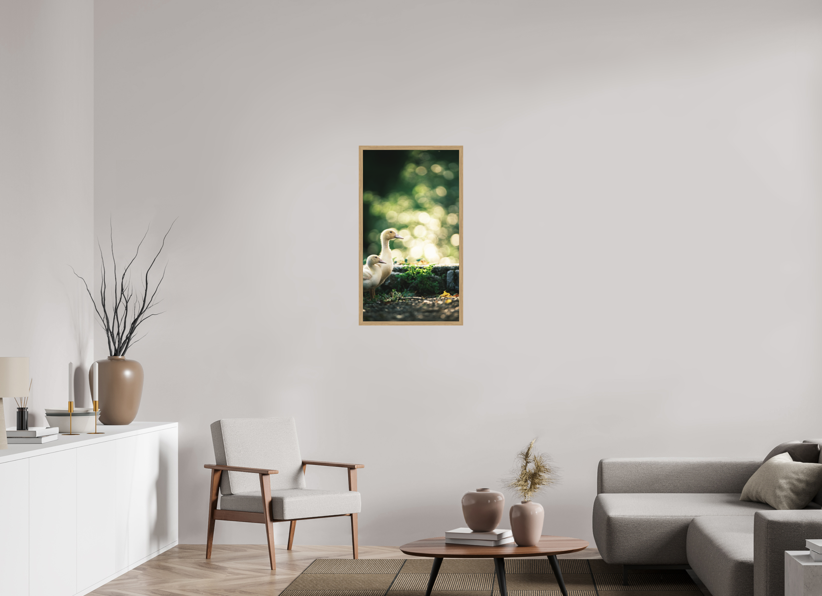 50 x 88,1 cm, Impression Fine Art encadrée en chêne naturel - mat Canards II