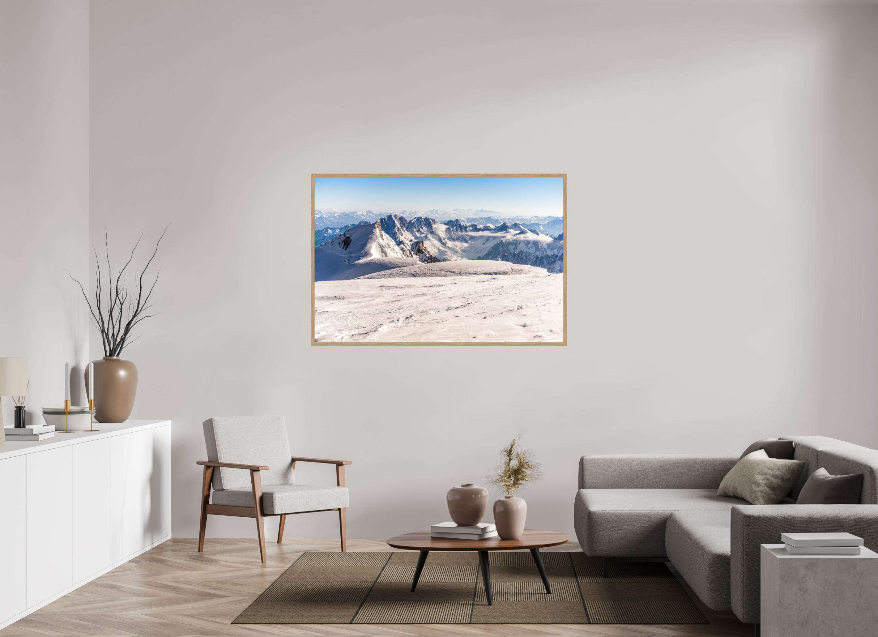 150 x 100 cm, Impression Fine Art encadrée en chêne naturel - mat La vue depuis le sommet du Mont Blanc