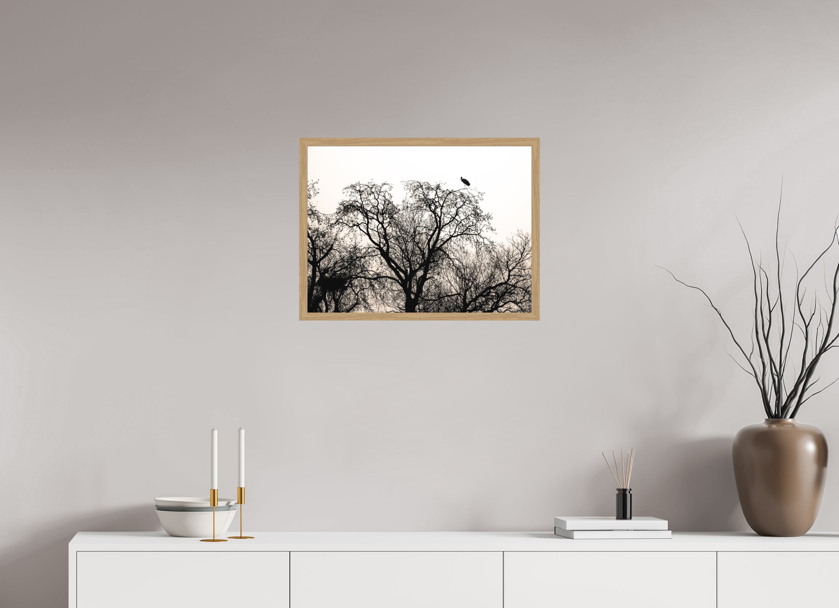 60 x 45 cm, Impression Fine Art encadrée en chêne naturel - mat grues VI