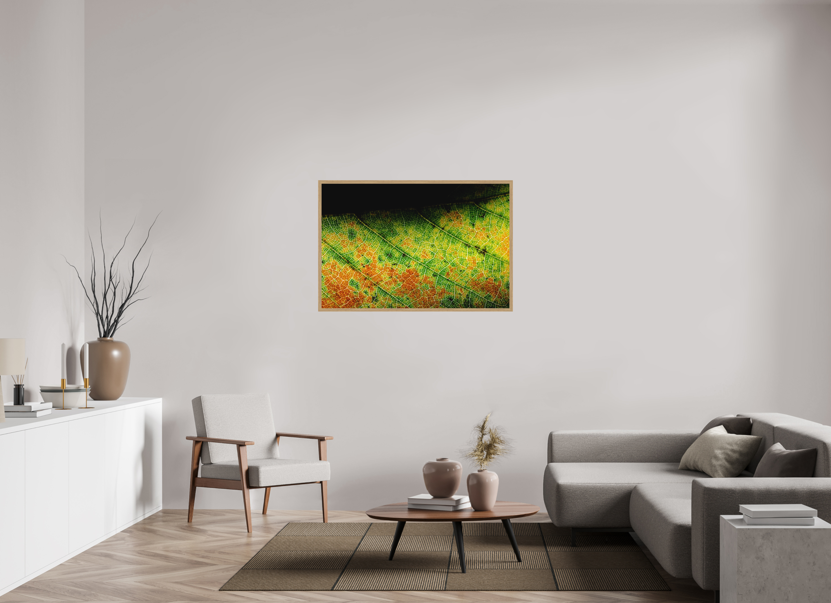 120 x 80 cm, Impression Fine Art encadrée en chêne naturel - mat Feuille