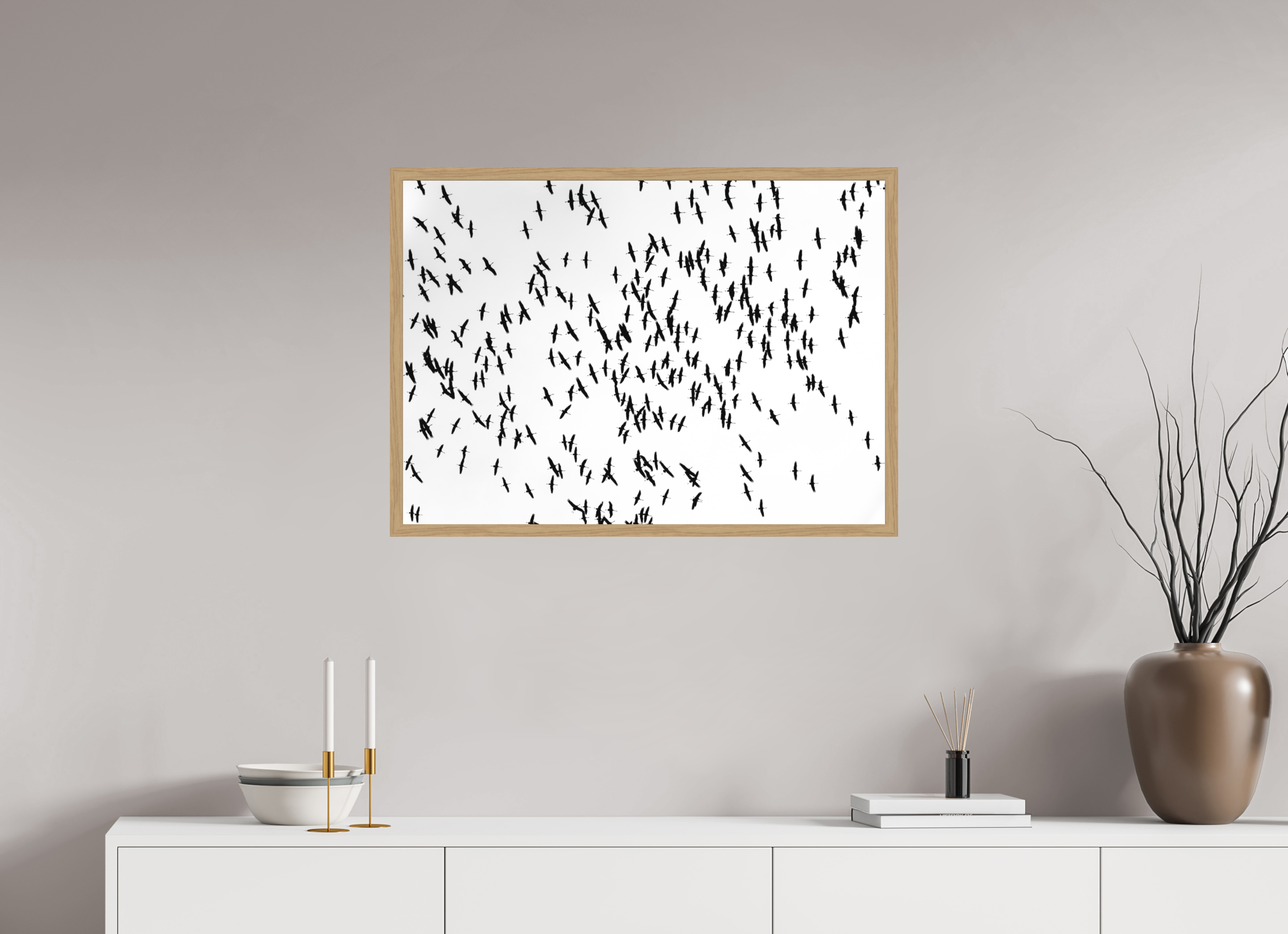 83,5 x 60 cm, Impression Fine Art encadrée en chêne naturel - mat Grues III