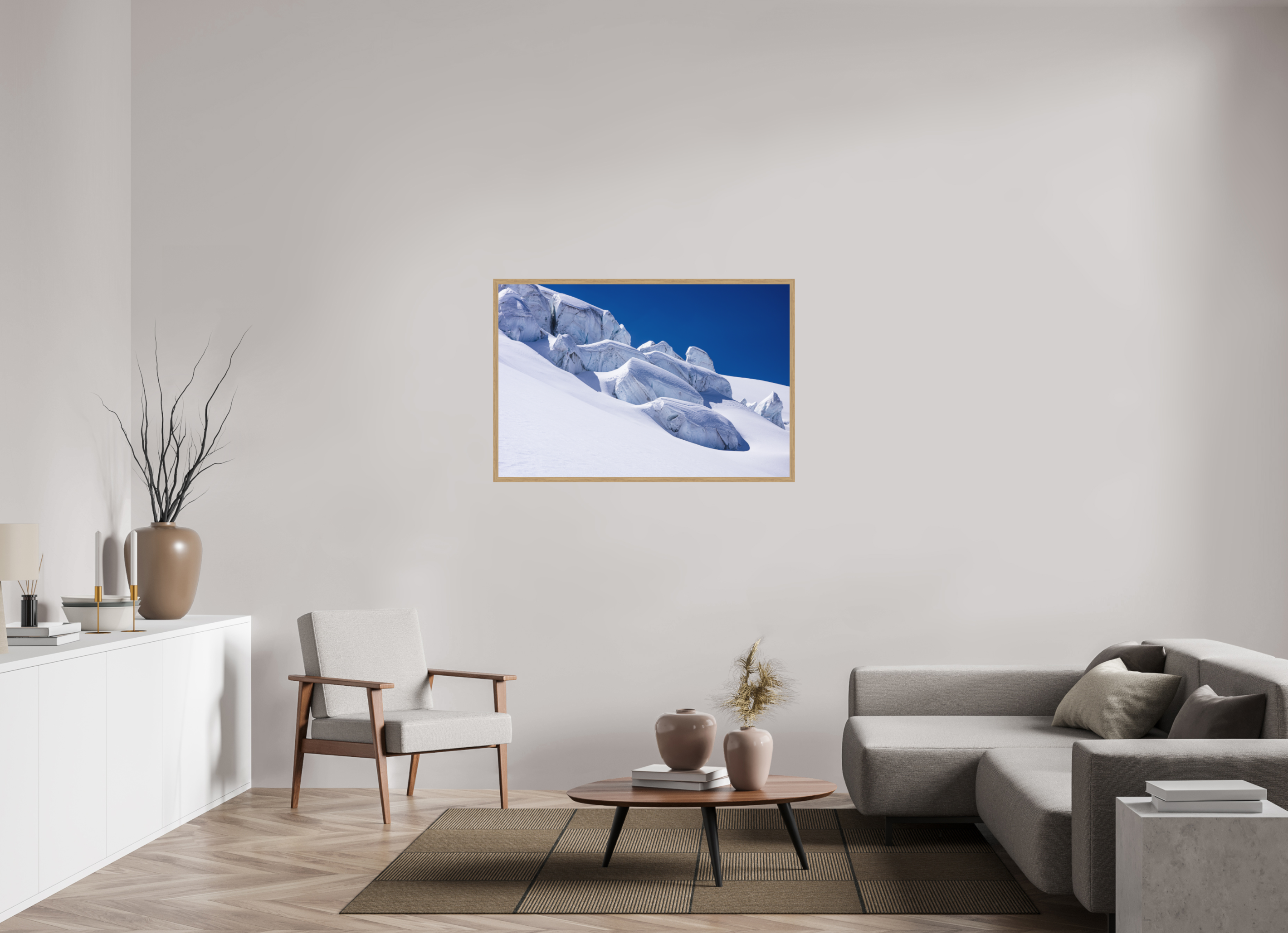 120 x 80 cm, Impression Fine Art encadrée en chêne naturel - mat Séracs du glacier de la Dent Blanche