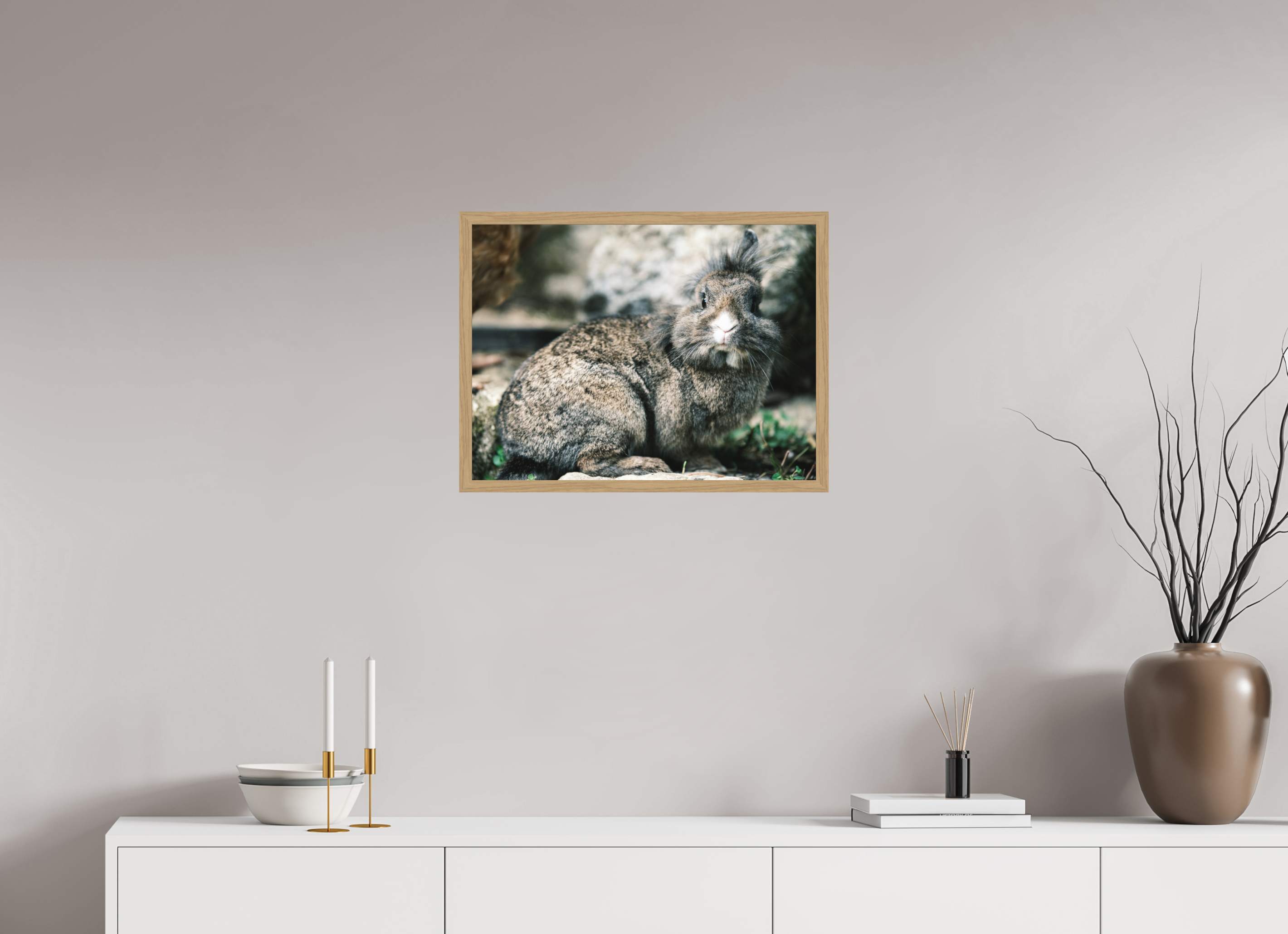 60 x 45 cm, Impression Fine Art encadrée en chêne naturel - mat Lapin