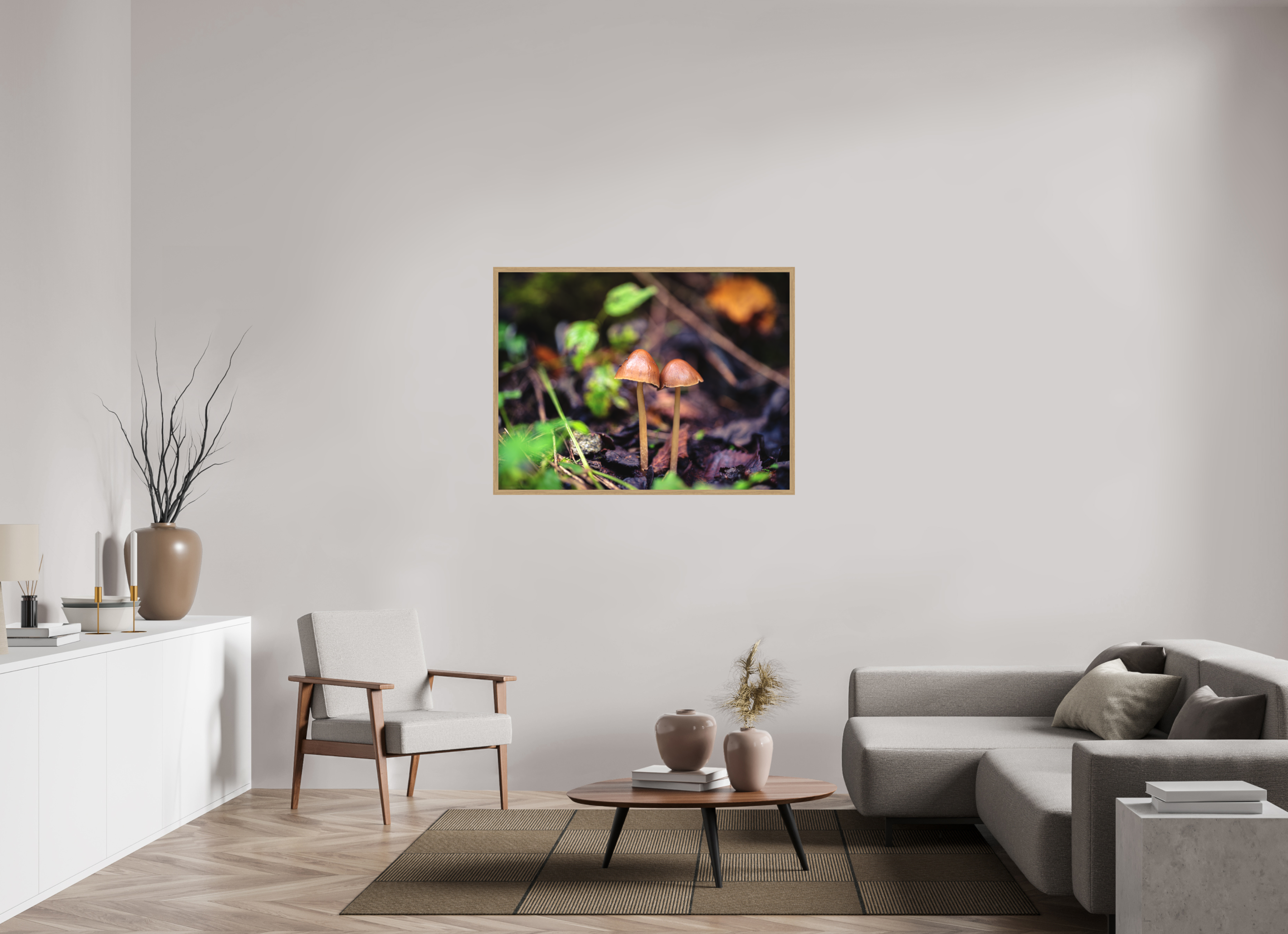 120 x 90 cm, Impression Fine Art encadrée en chêne naturel - mat Champignons