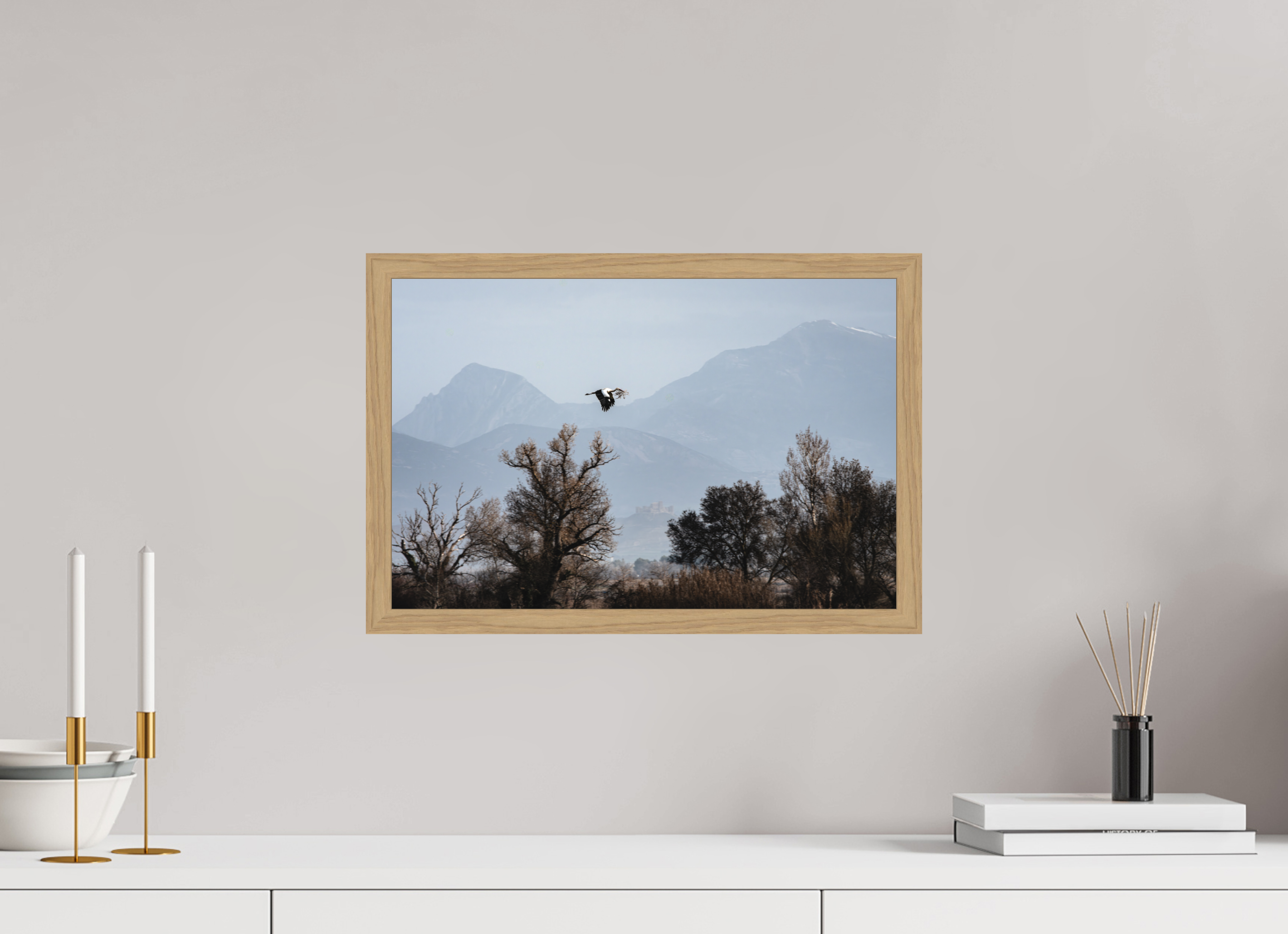 45 x 30 cm, Impression Fine Art encadrée en chêne naturel - mat Grues V