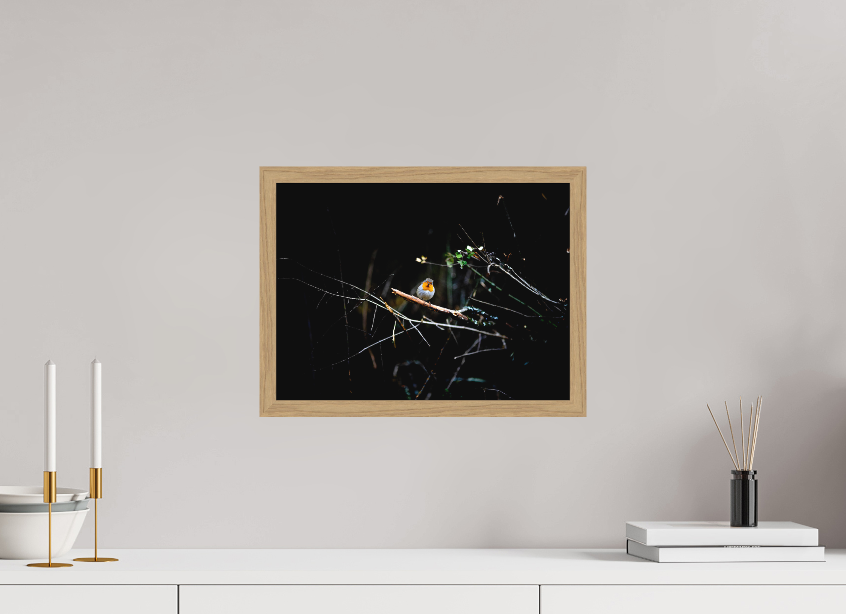40 x 30 cm, Impression Fine Art encadrée en chêne naturel - mat Rouge gorge