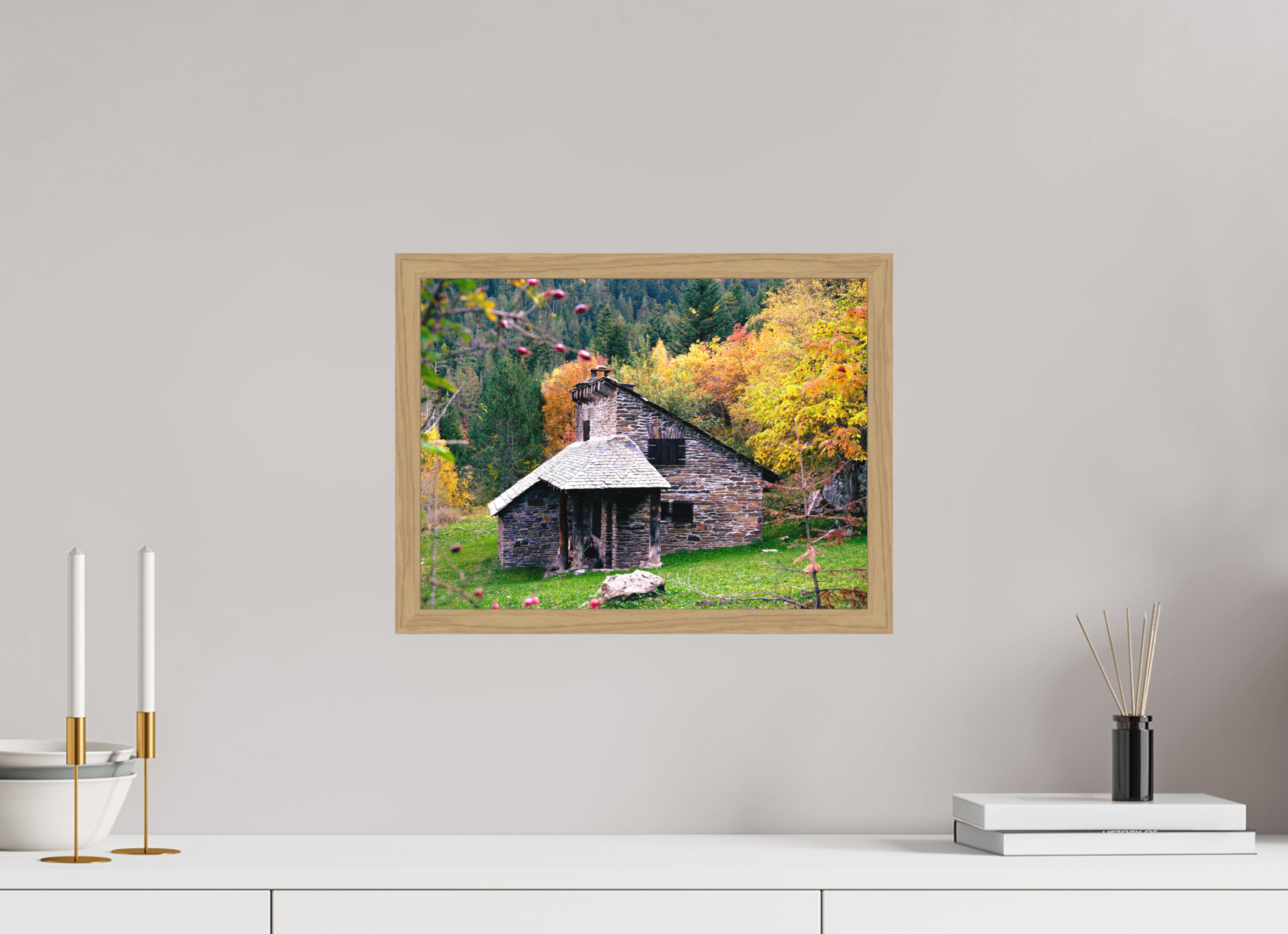 40 x 30 cm, Impression Fine Art encadrée en chêne naturel - mat Une petite maison dans la prairie