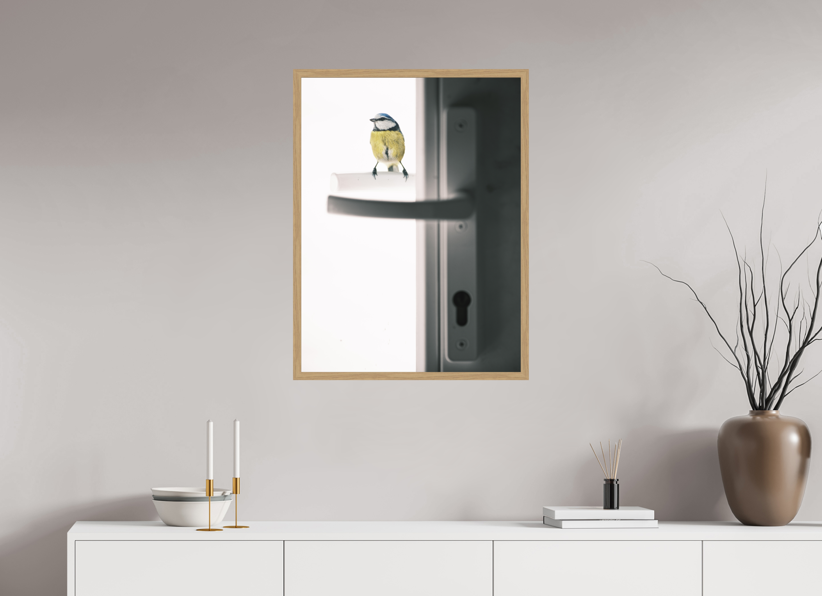60 x 80 cm, Impression Fine Art encadrée en chêne naturel - mat mésange bleue