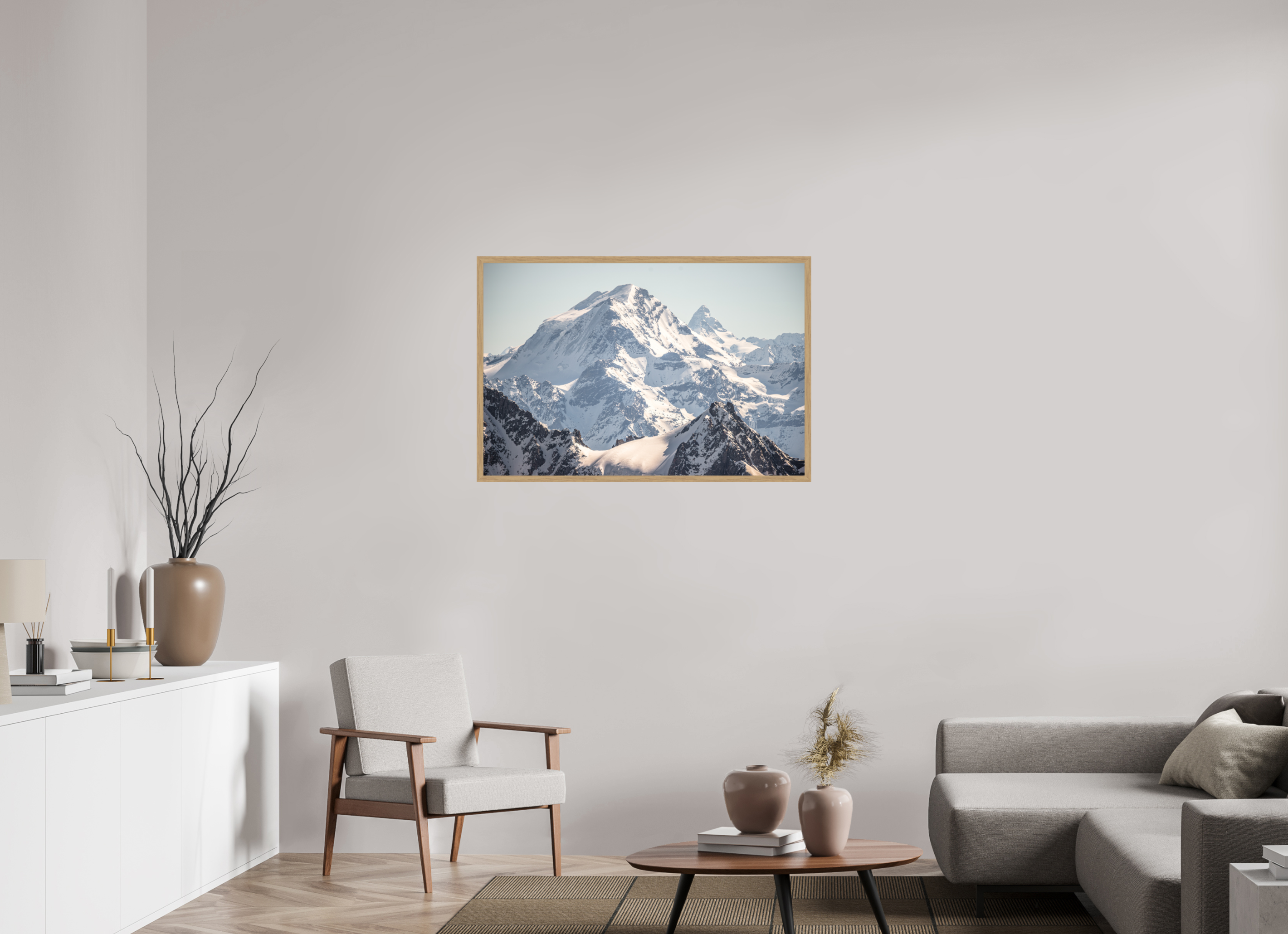 105 x 70 cm, Impression Fine Art encadrée en chêne naturel - mat Grand Combin et Cervin