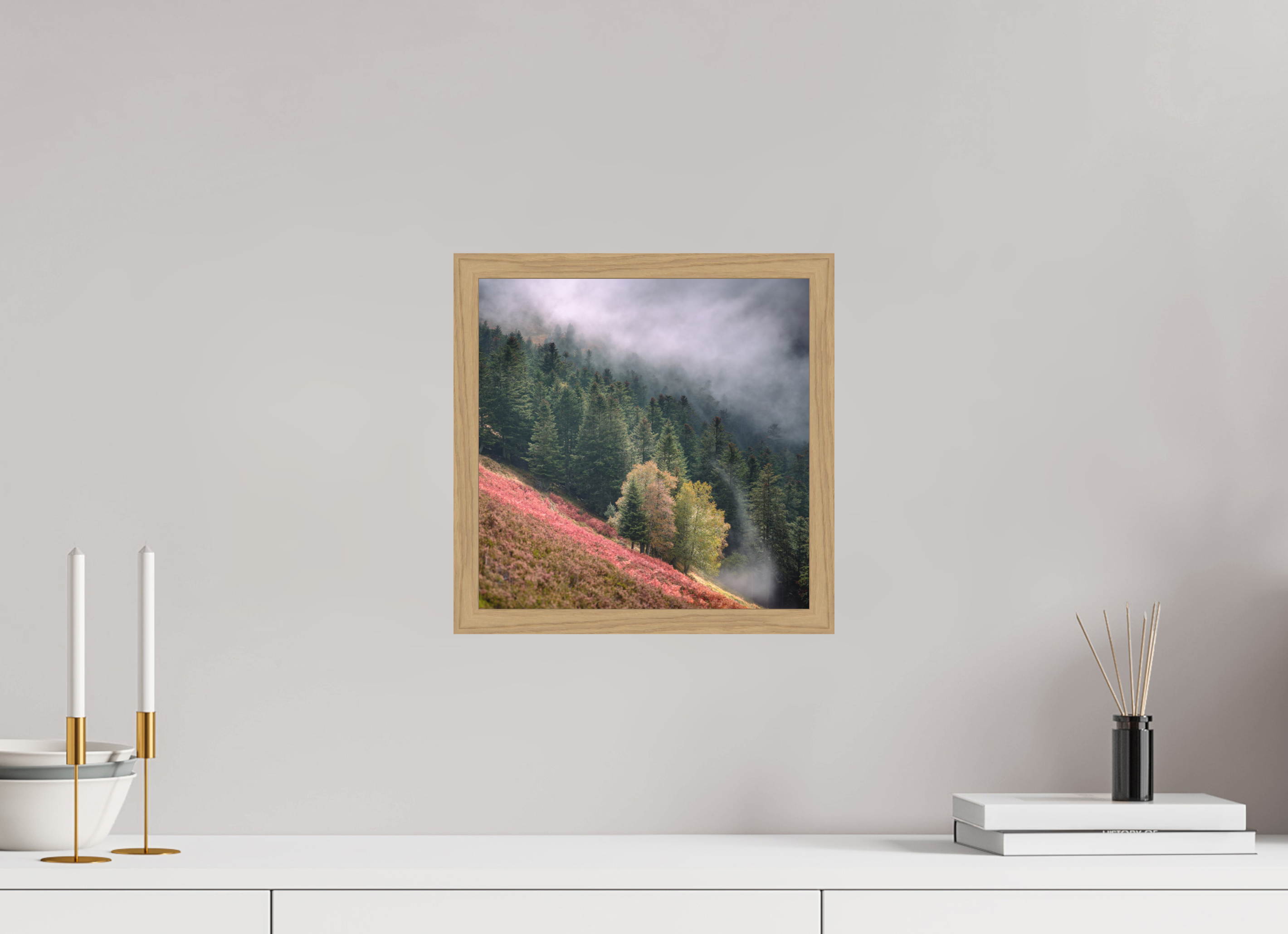 30 x 30 cm, Impression Fine Art encadrée en chêne naturel - mat Brume du soir