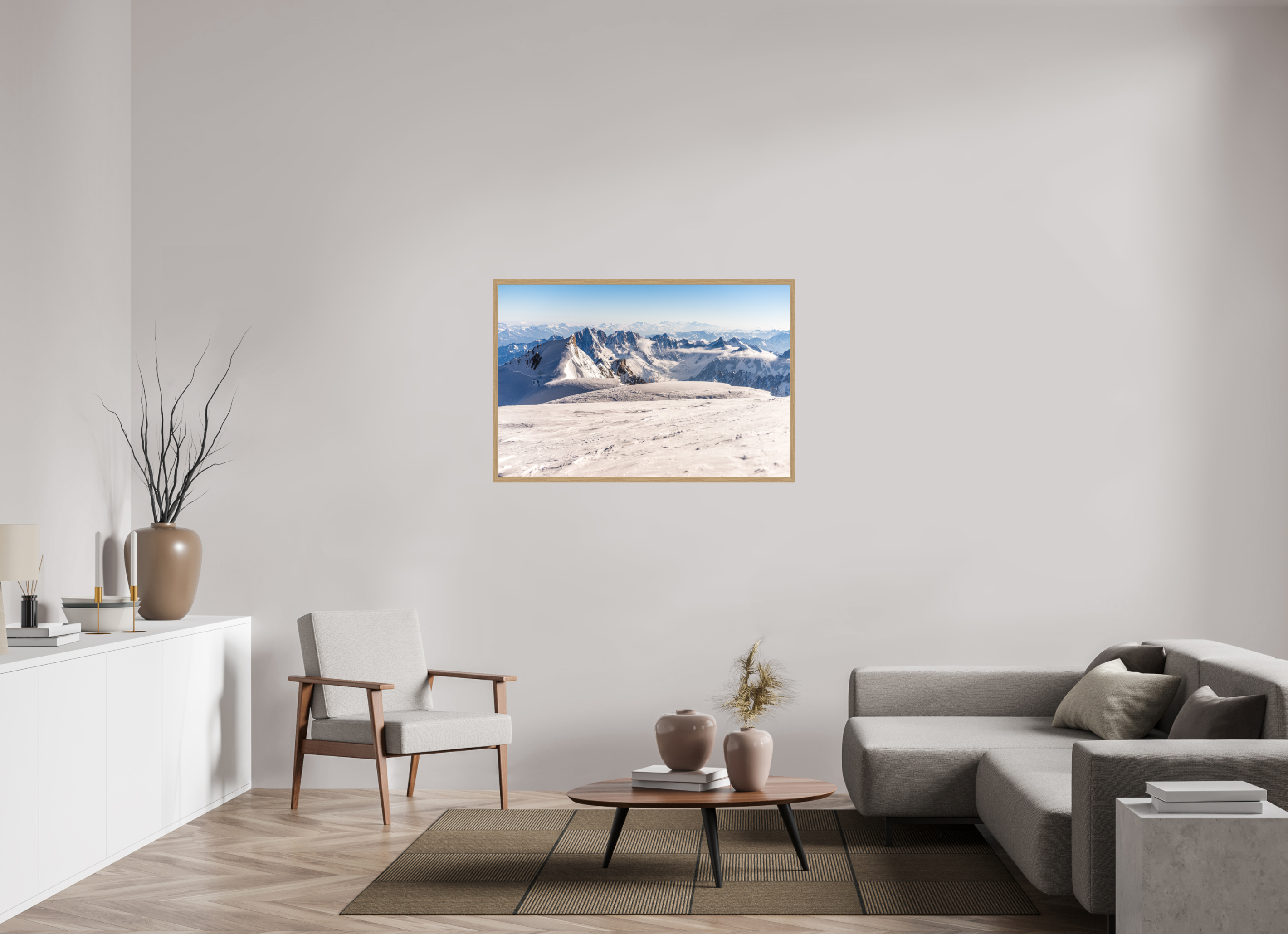 120 x 80 cm, Impression Fine Art encadrée en chêne naturel - mat La vue depuis le sommet du Mont Blanc