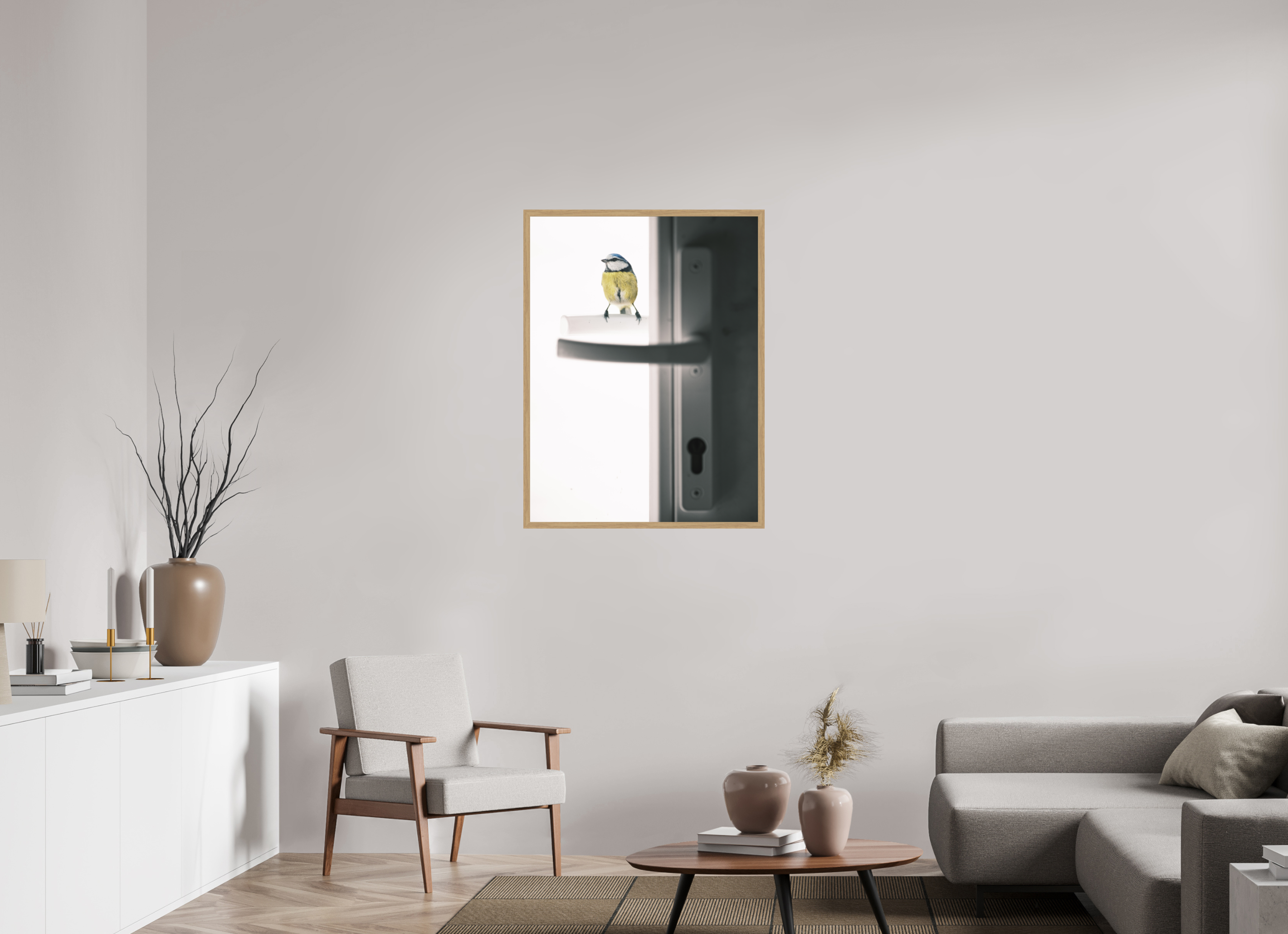 75 x 100 cm, Impression Fine Art encadrée en chêne naturel - mat mésange bleue