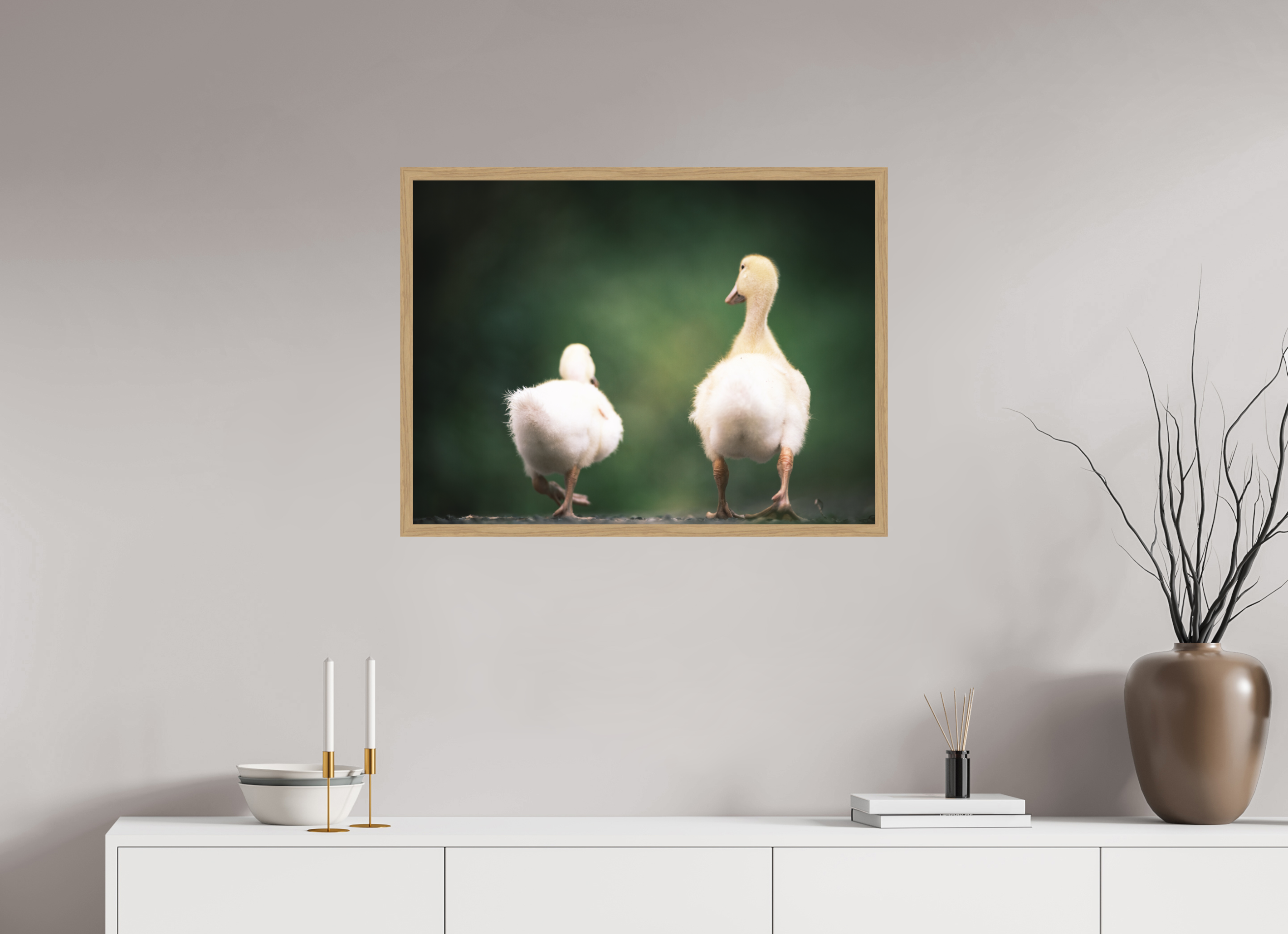 80 x 60 cm, Impression Fine Art encadrée en chêne naturel - mat Canards I