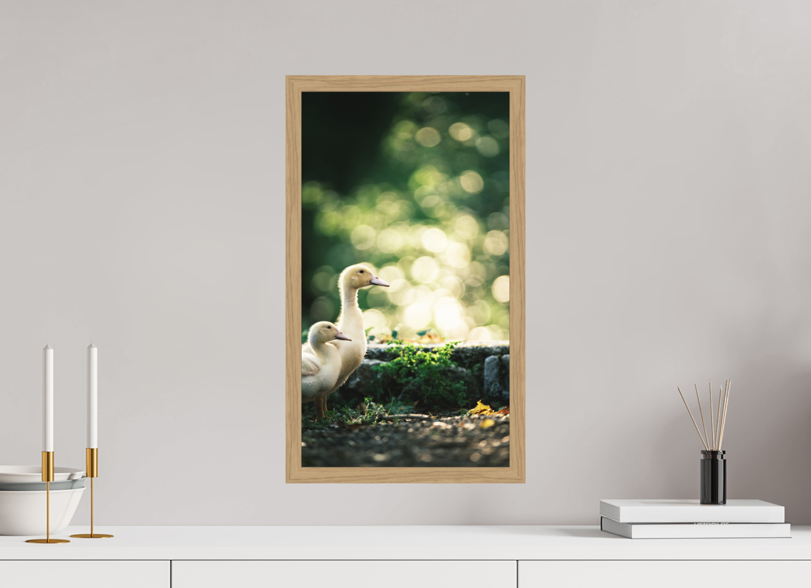 30 x 52,9 cm, Impression Fine Art encadrée en chêne naturel - mat Canards II