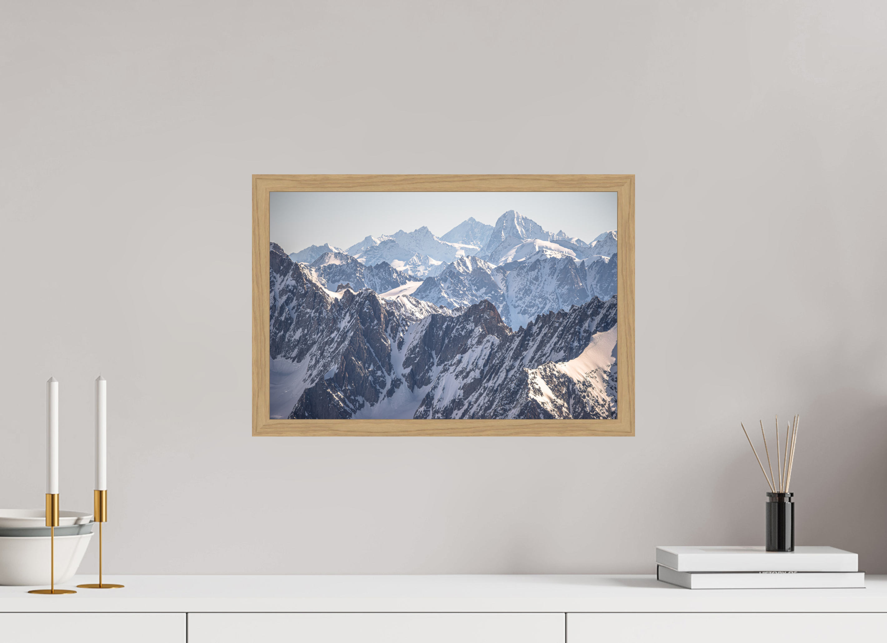 45 x 30 cm, Impression Fine Art encadrée en chêne naturel - mat Dom des Mischabels et Dent Blanche