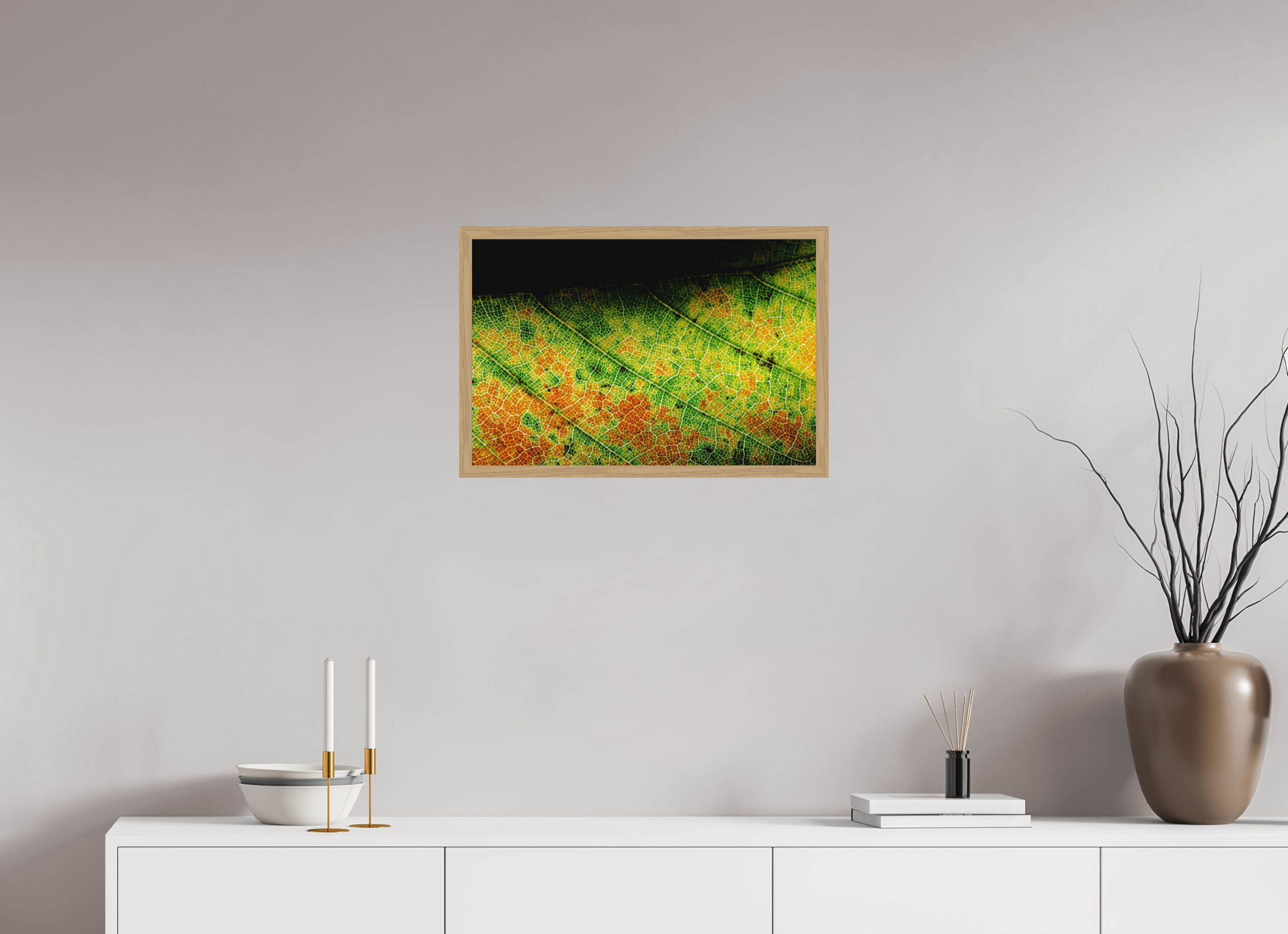 60 x 40 cm, Impression Fine Art encadrée en chêne naturel - mat Feuille