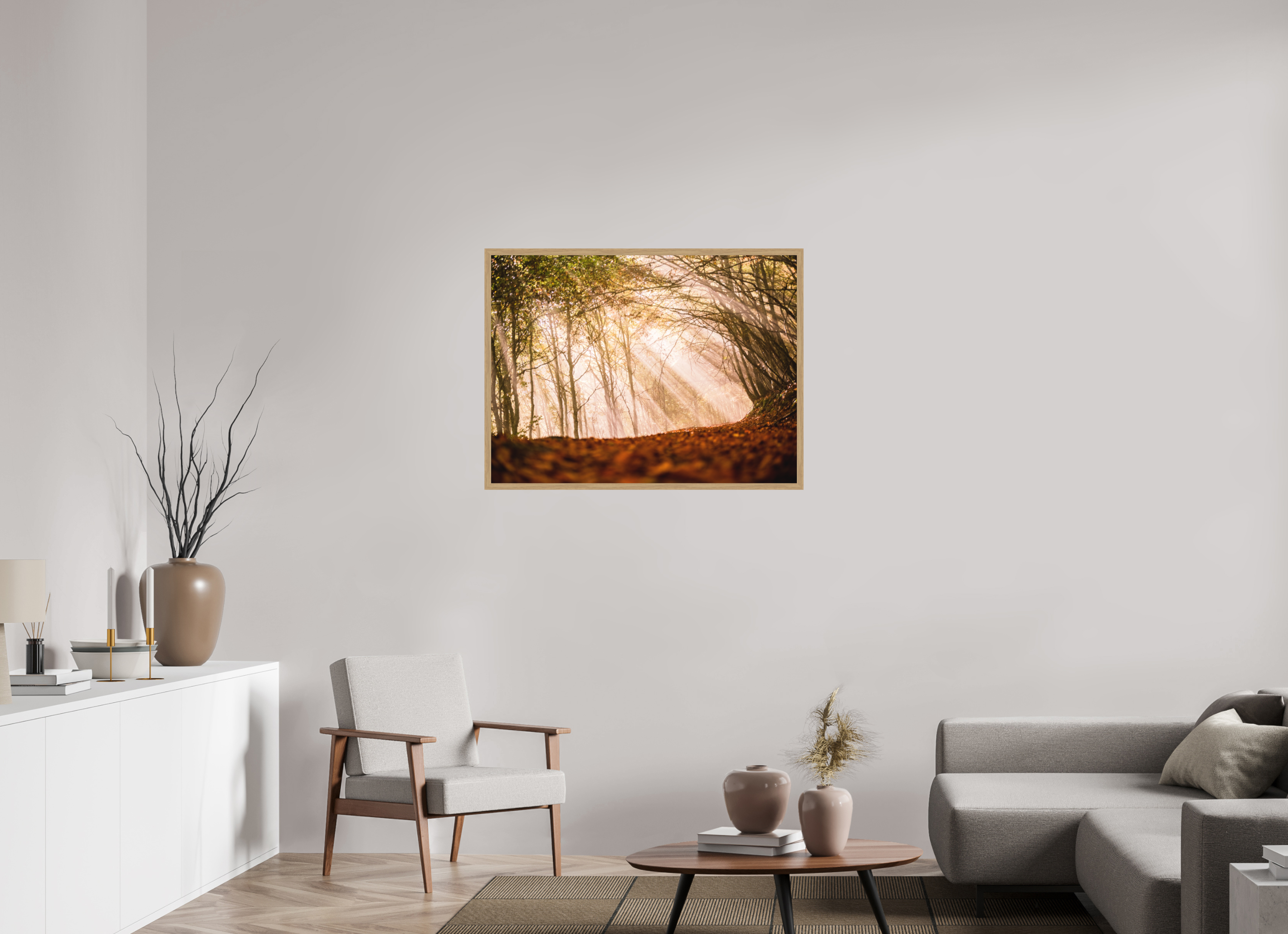100 x 75 cm, Impression Fine Art encadrée en chêne naturel - mat Un rayon de soleil