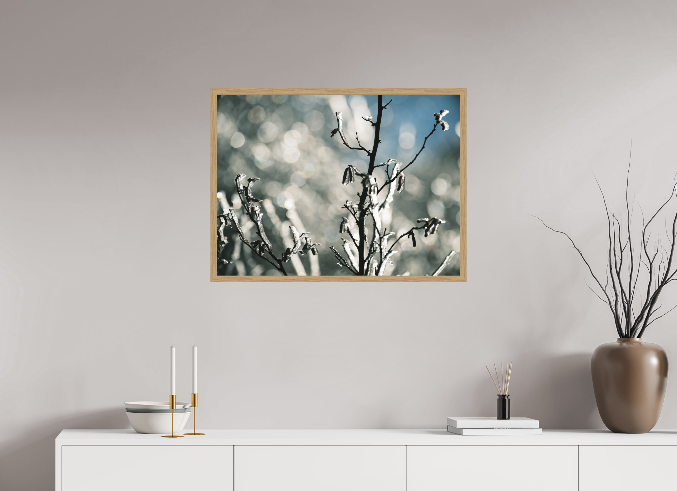 80 x 60 cm, Impression Fine Art encadrée en chêne naturel - mat Figé dans le froid