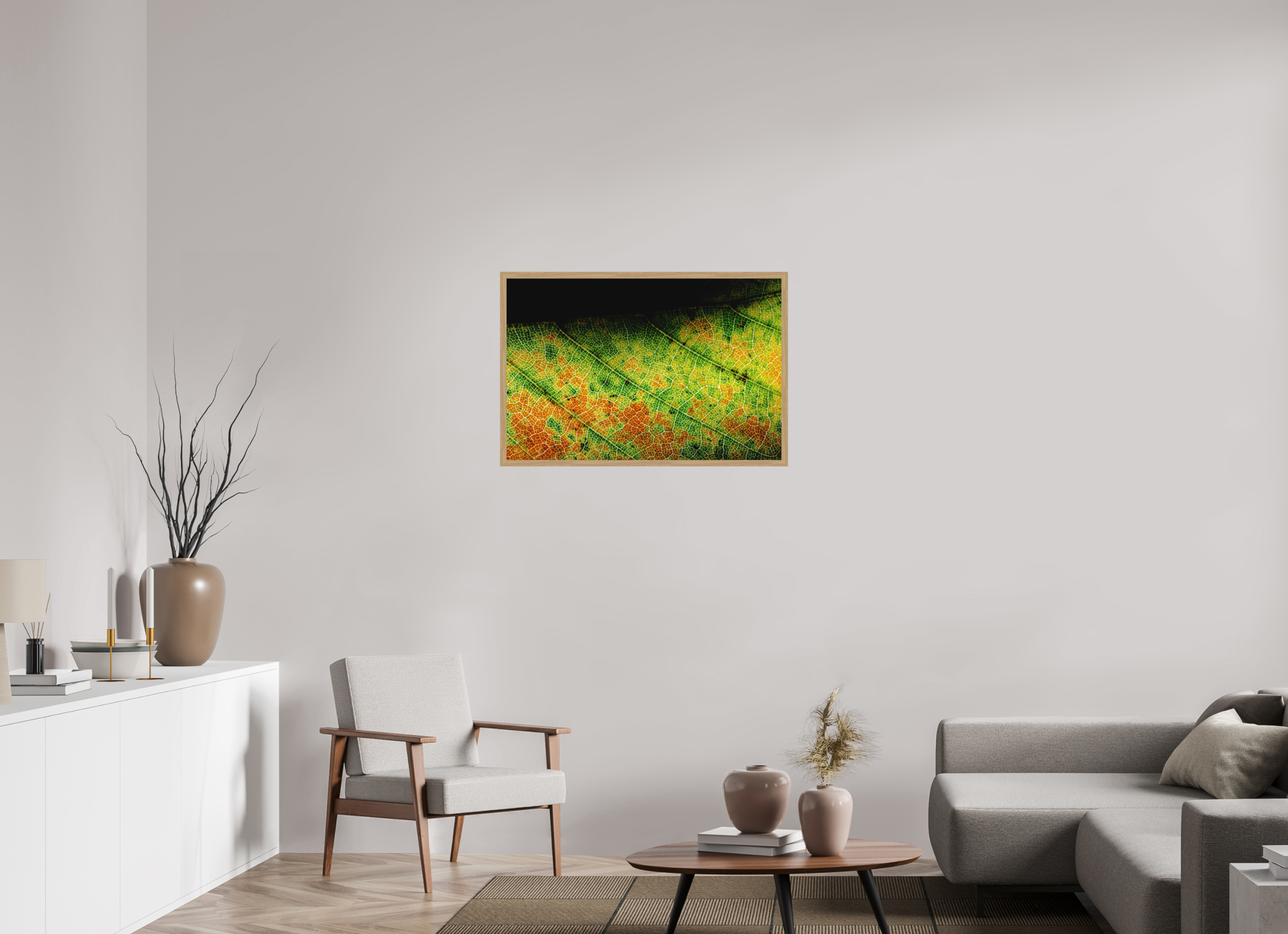 90 x 60 cm, Impression Fine Art encadrée en chêne naturel - mat Feuille