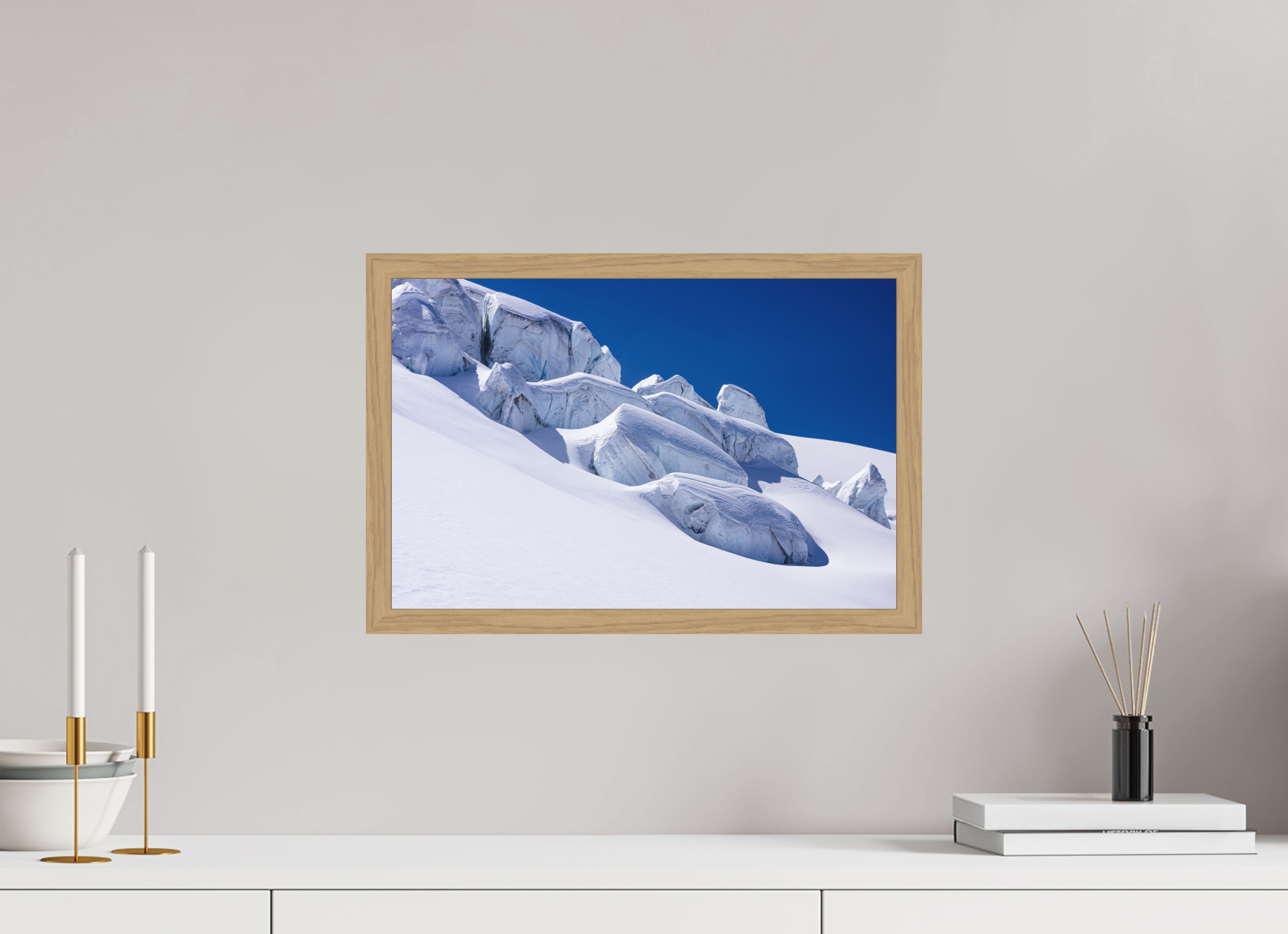 45 x 30 cm, Impression Fine Art encadrée en chêne naturel - mat Séracs du glacier de la Dent Blanche