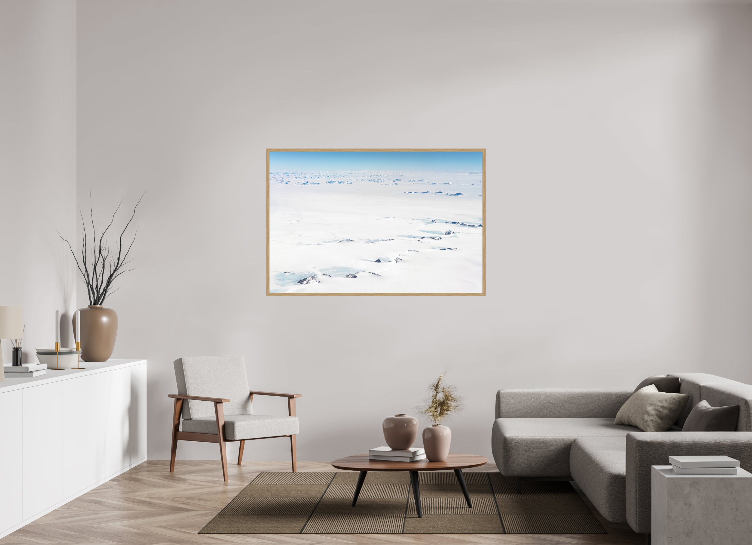 150 x 100 cm, Impression Fine Art encadrée en chêne naturel - mat Le Continent Glacé