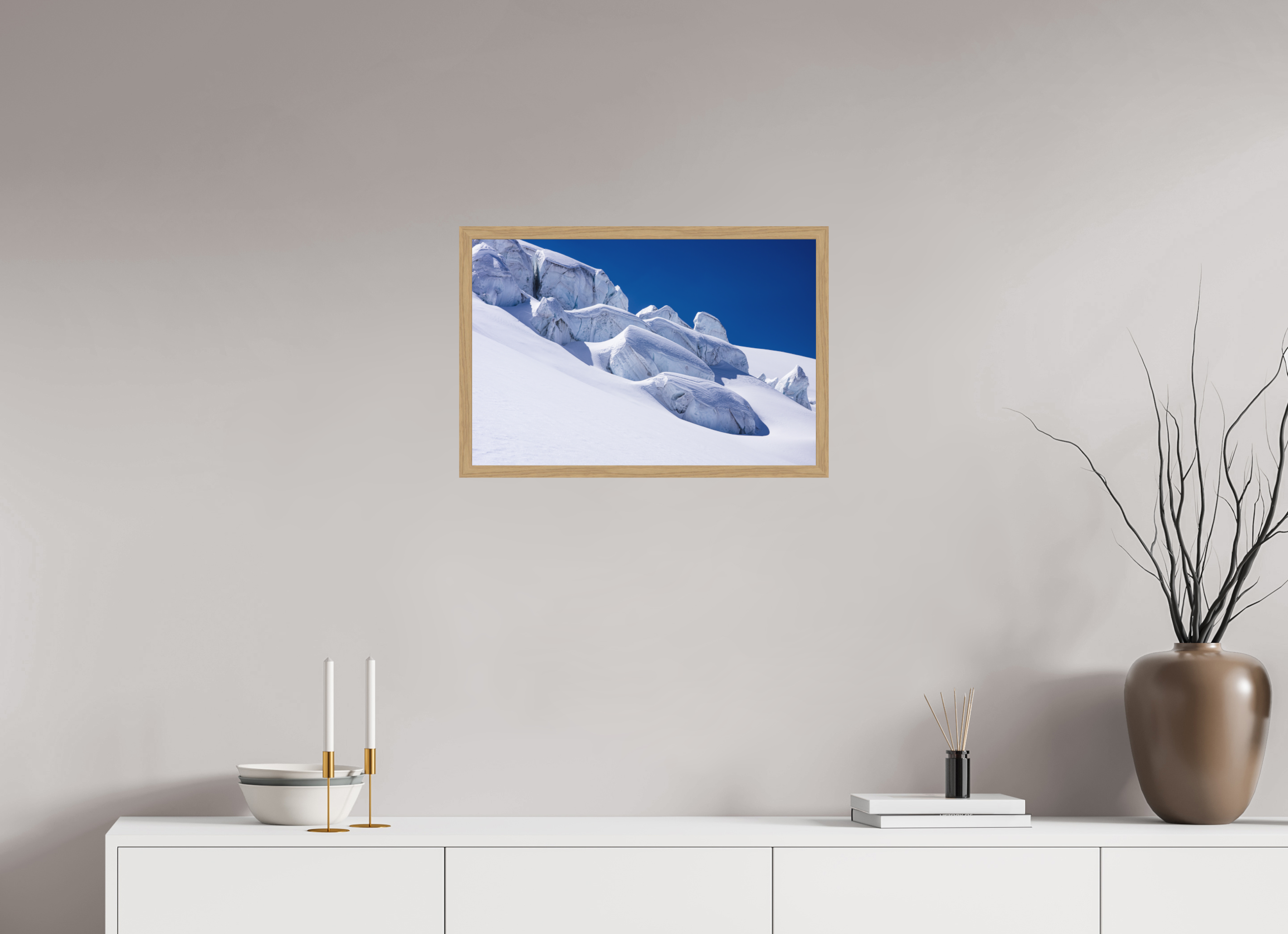 60 x 40 cm, Impression Fine Art encadrée en chêne naturel - mat Séracs du glacier de la Dent Blanche