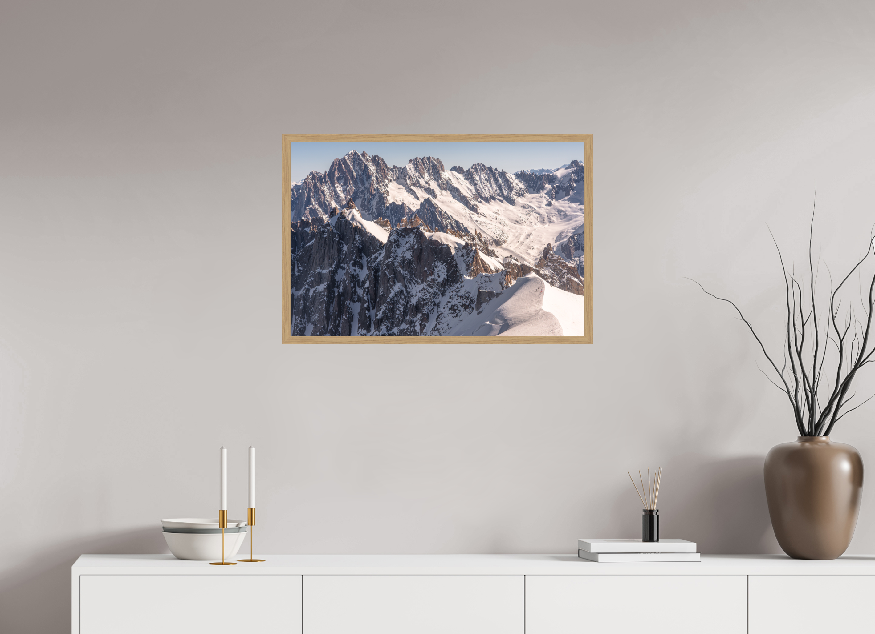 75 x 50 cm, Impression Fine Art encadrée en chêne naturel - mat Aiguille Verte, les Droites et les Courtes