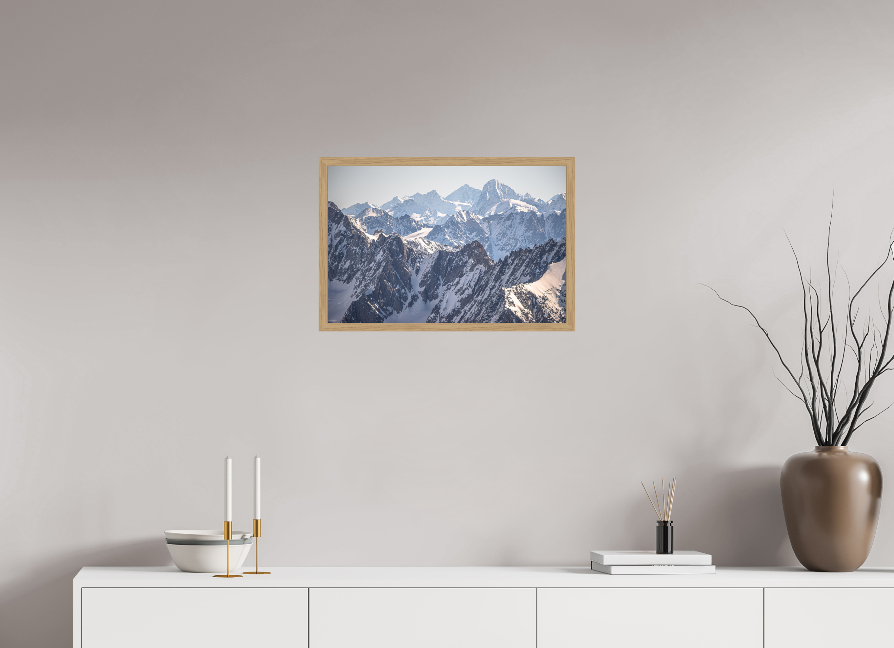 60 x 40 cm, Impression Fine Art encadrée en chêne naturel - mat Dom des Mischabels et Dent Blanche