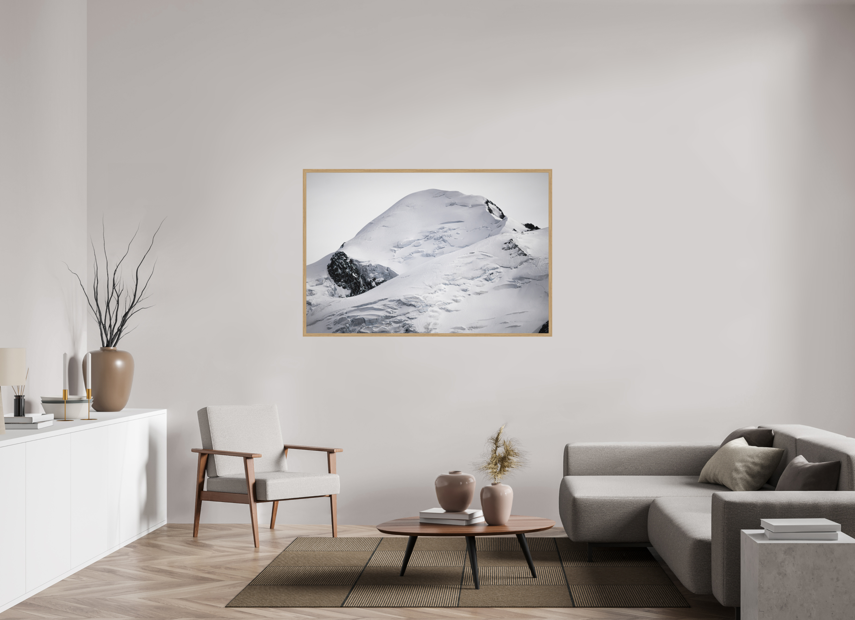 150 x 100 cm, Impression Fine Art encadrée en chêne naturel - mat Le Mont Blanc