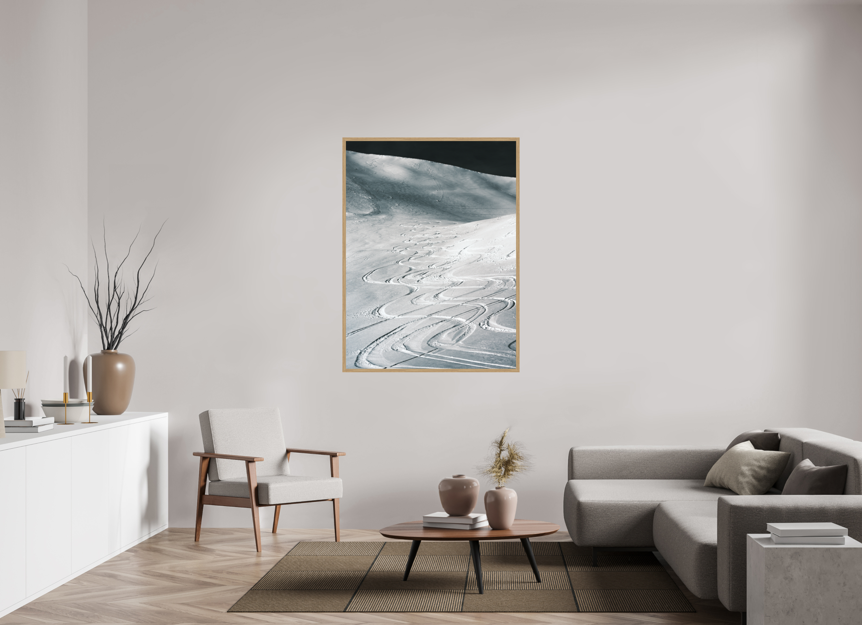 105 x 140 cm, Impression Fine Art encadrée en chêne naturel - mat Les traces du bonheur