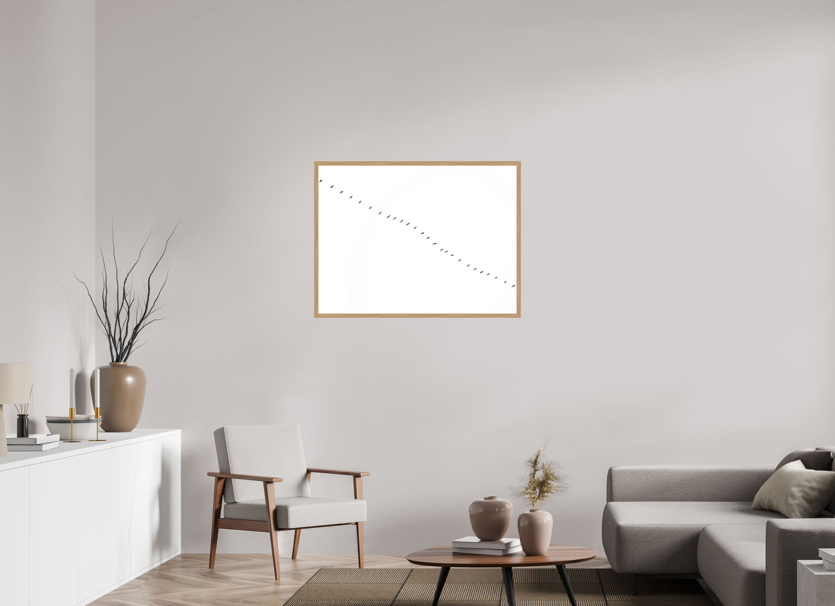 100 x 75 cm, Impression Fine Art encadrée en chêne naturel - mat Grues II