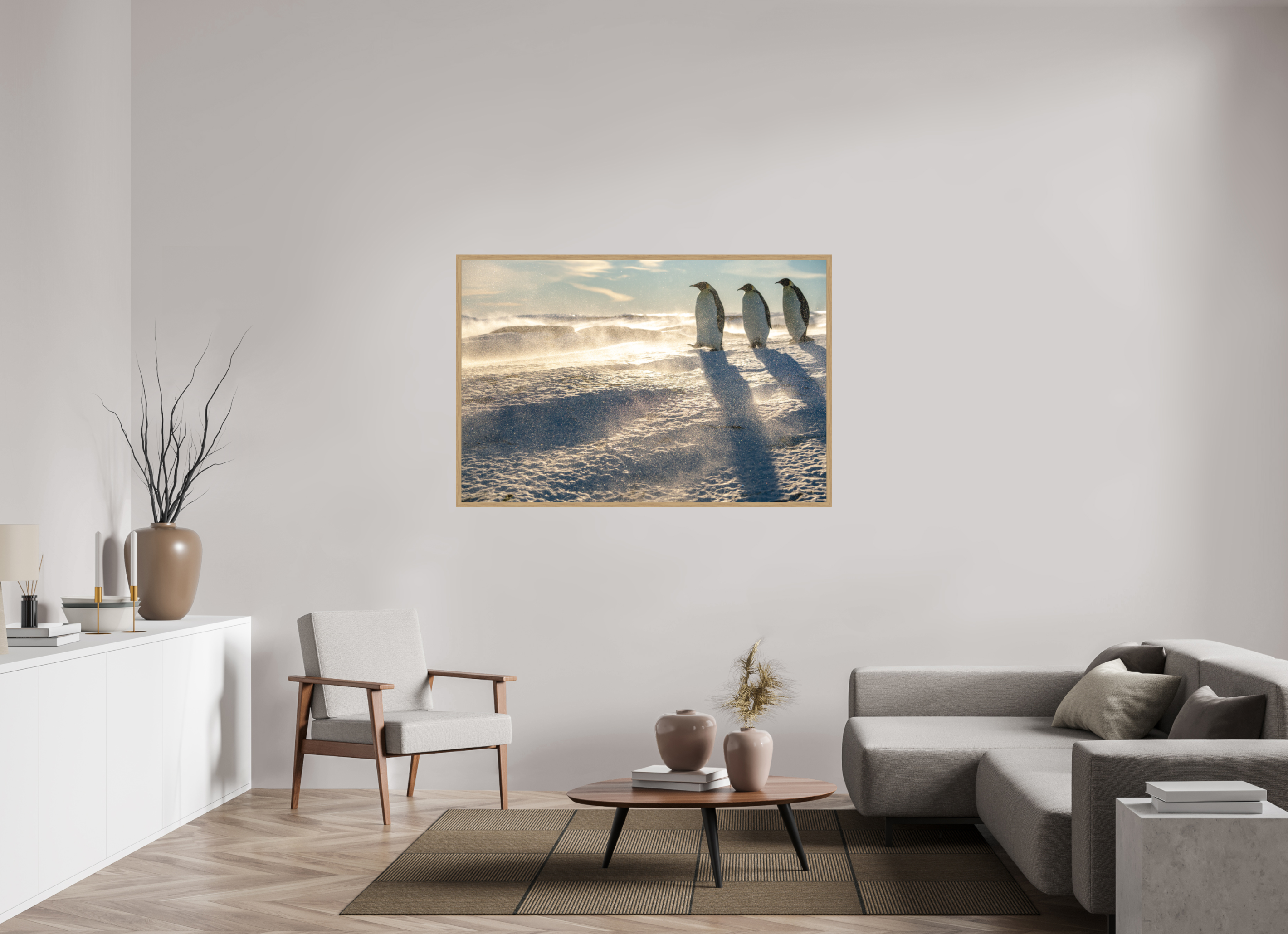 150 x 100 cm, Impression Fine Art encadrée en chêne naturel - mat La marche des Empereurs