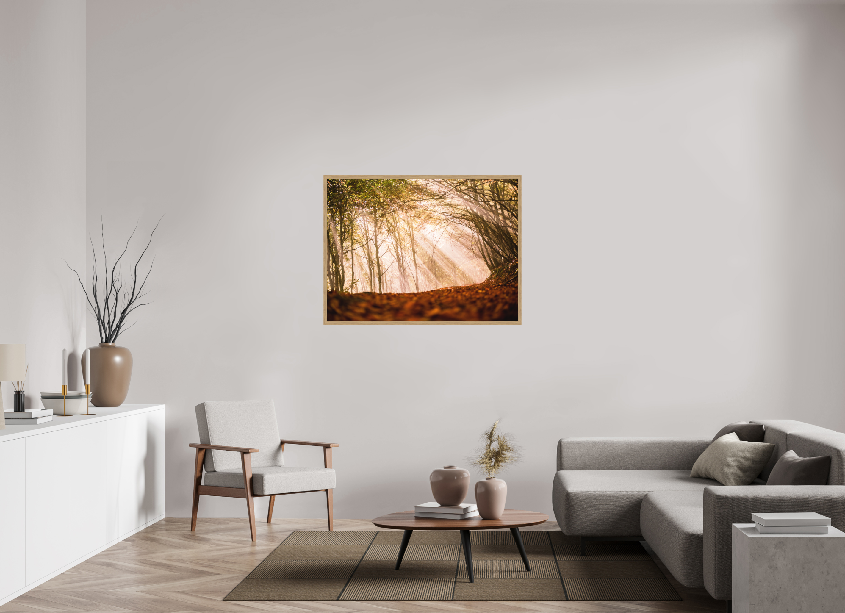 120 x 90 cm, Impression Fine Art encadrée en chêne naturel - mat Un rayon de soleil