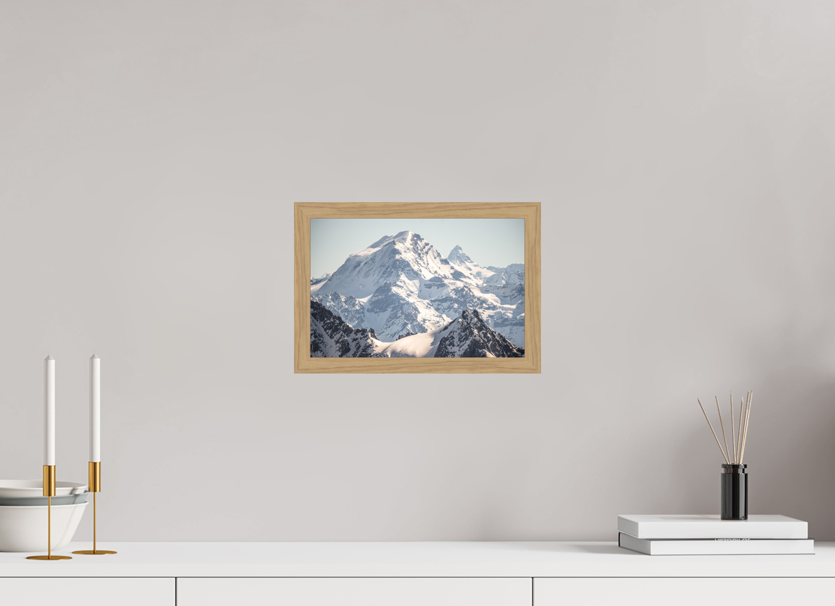 30 x 20 cm, Impression Fine Art encadrée en chêne naturel - mat Grand Combin et Cervin