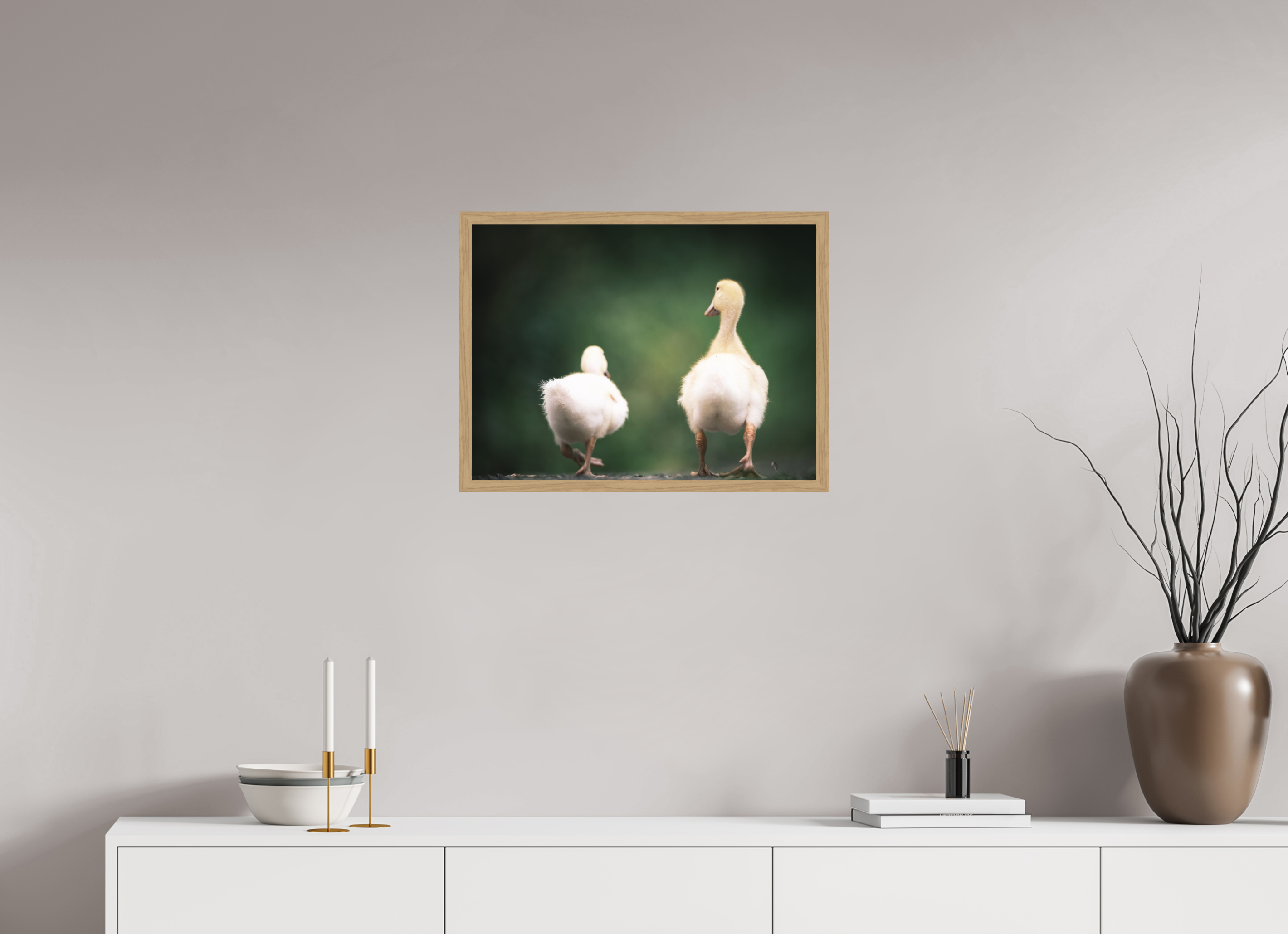 60 x 45 cm, Impression Fine Art encadrée en chêne naturel - mat Canards I