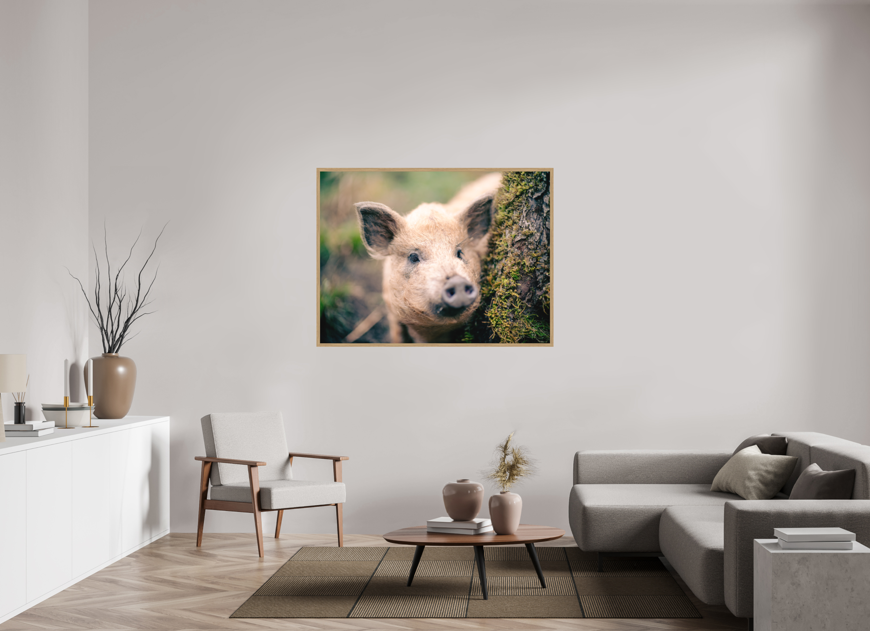 140 x 105 cm, Impression Fine Art encadrée en chêne naturel - mat Cochon