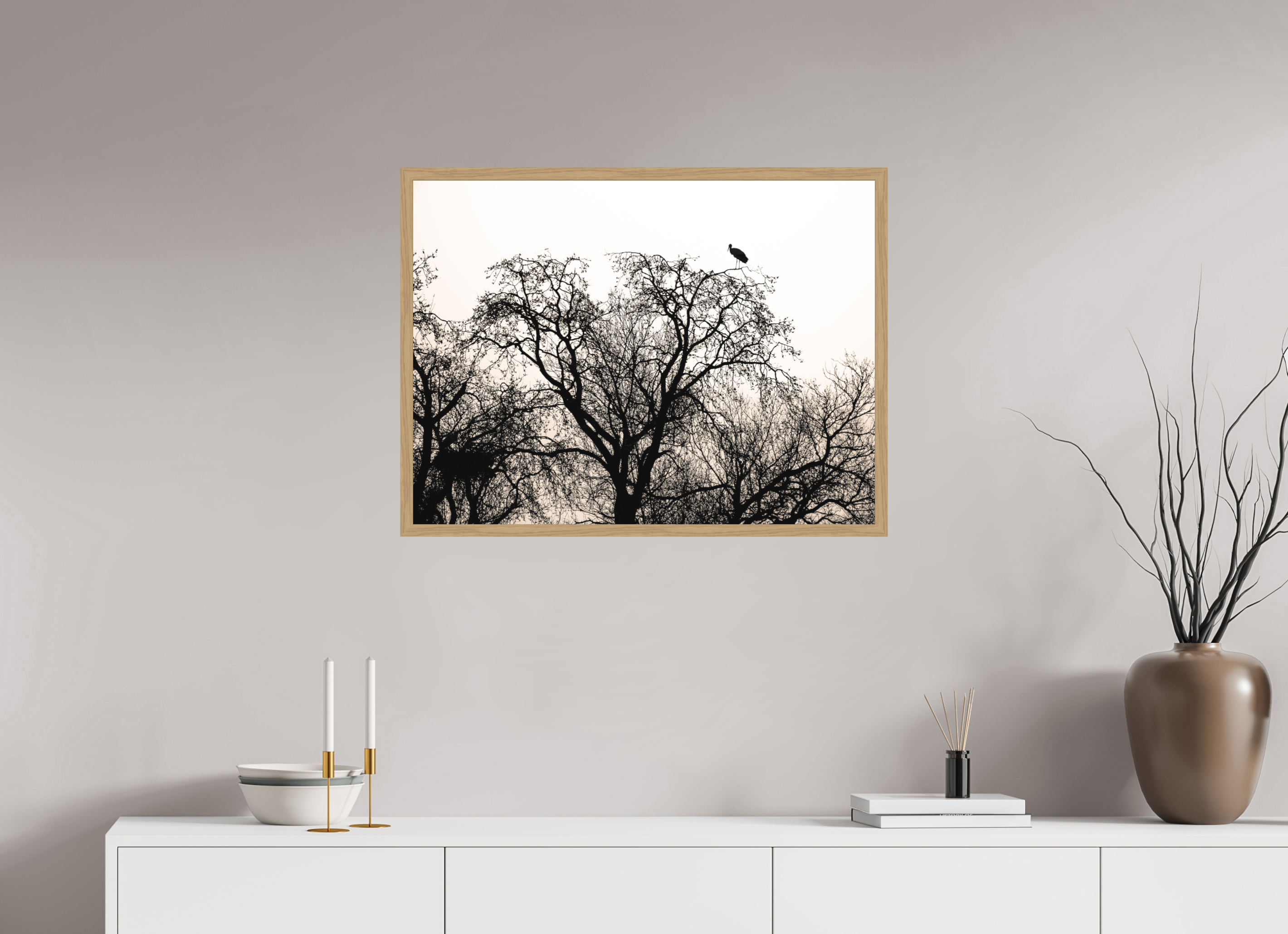 80 x 60 cm, Impression Fine Art encadrée en chêne naturel - mat grues VI